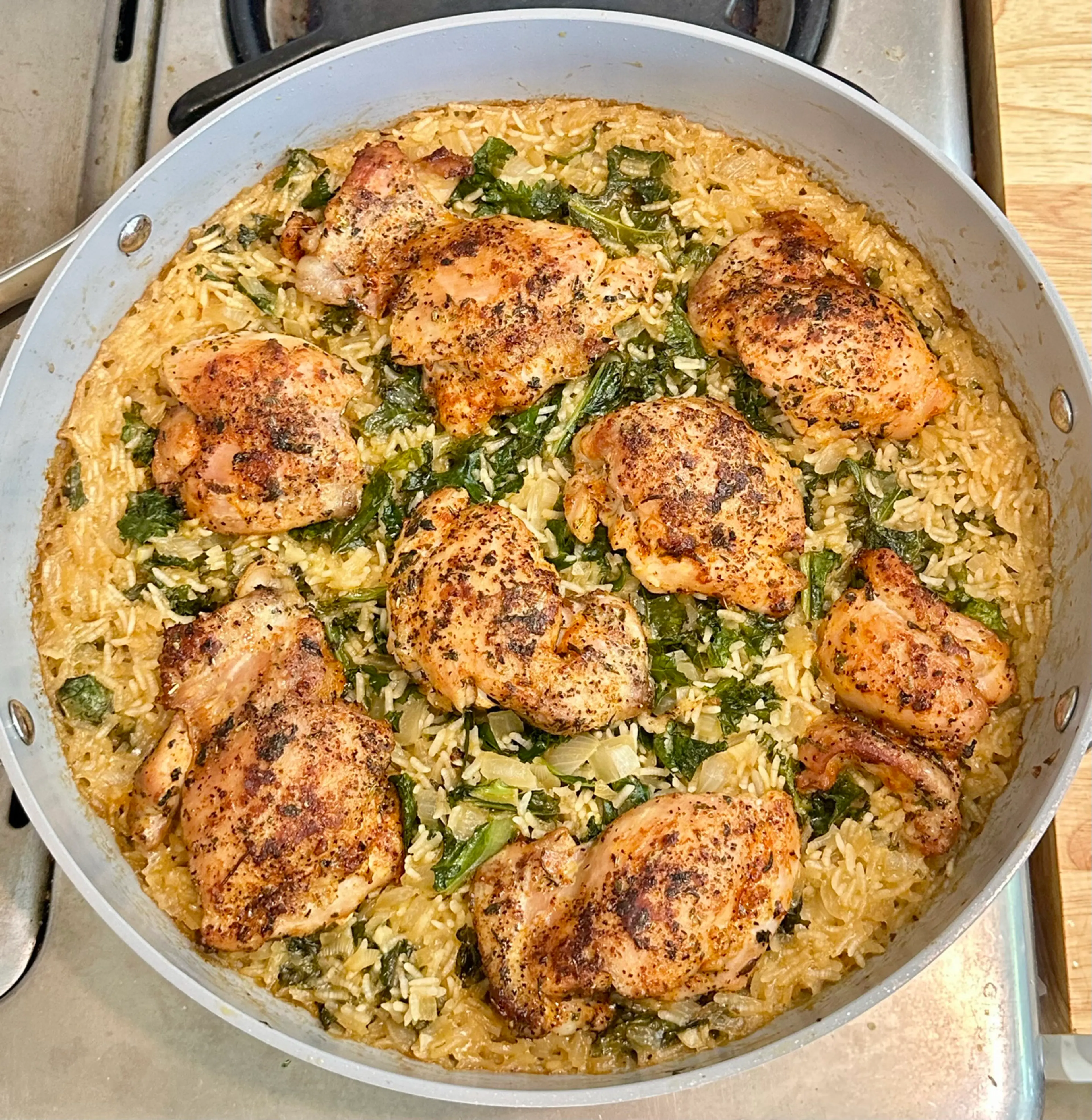 One Pan Creamy Kale Lemon Rice With Chicken Thighs