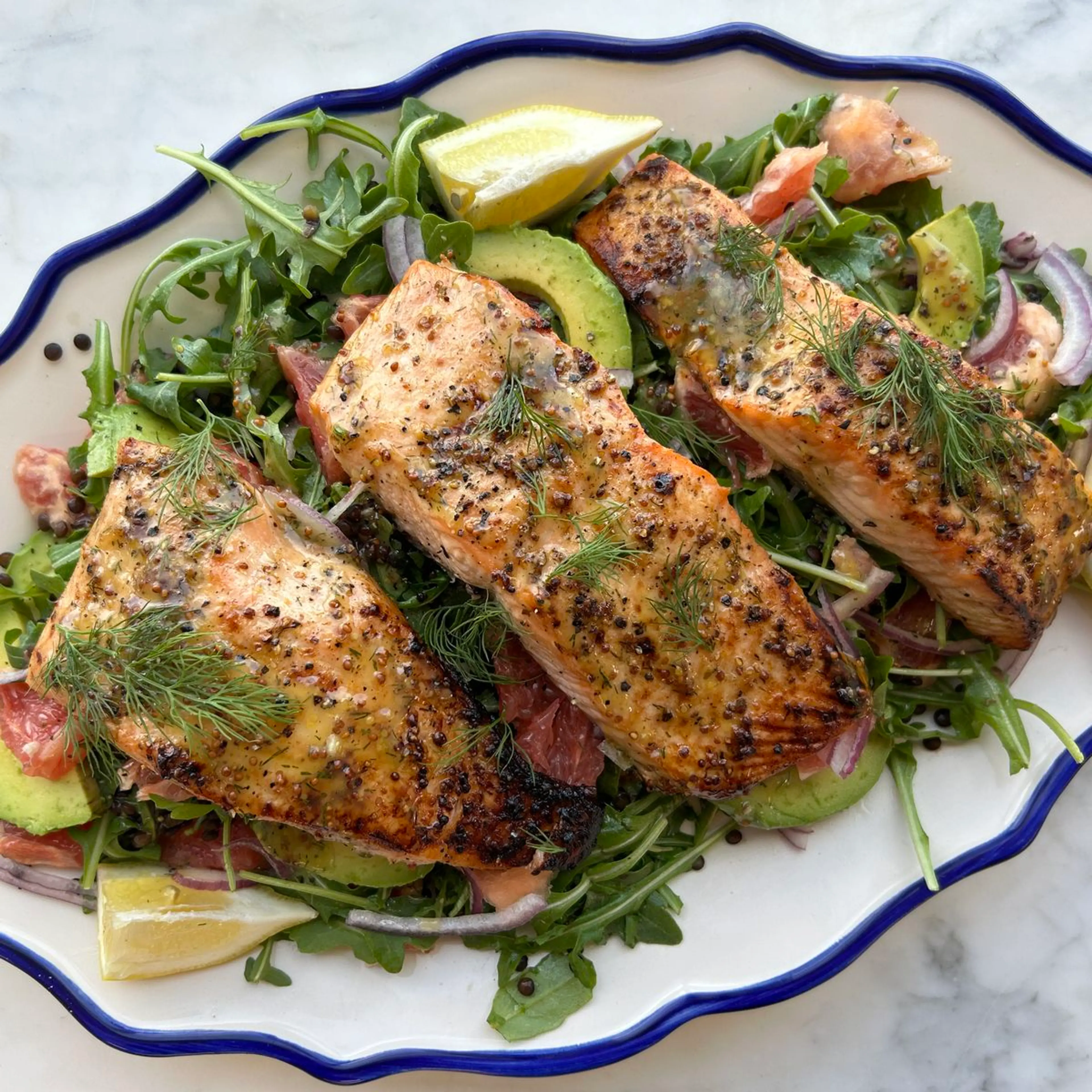 Broiled Salmon with Lentil, Grapefruit & Avocado Salad