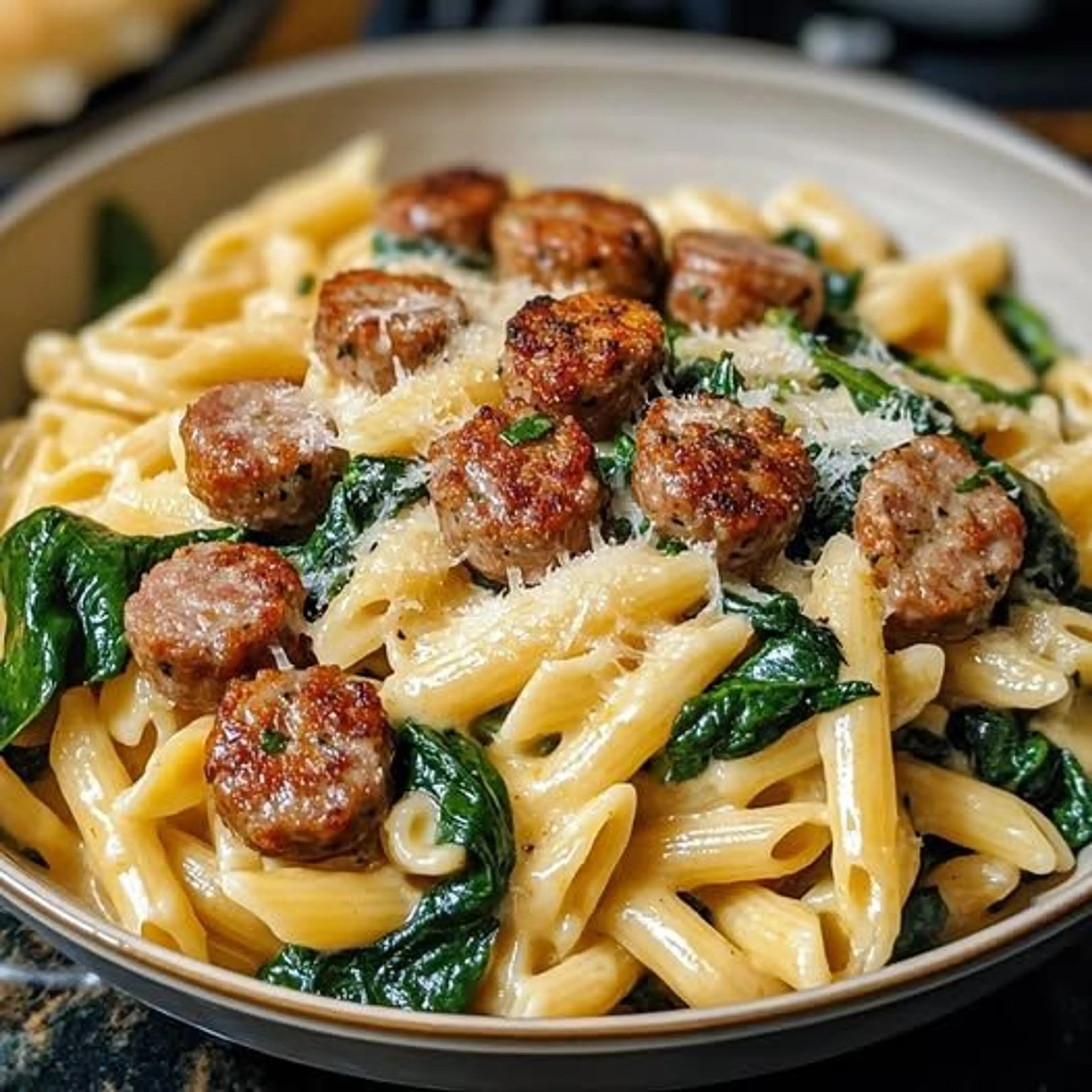 One-pan Creamy Penne with Spinach and Italian Sausage