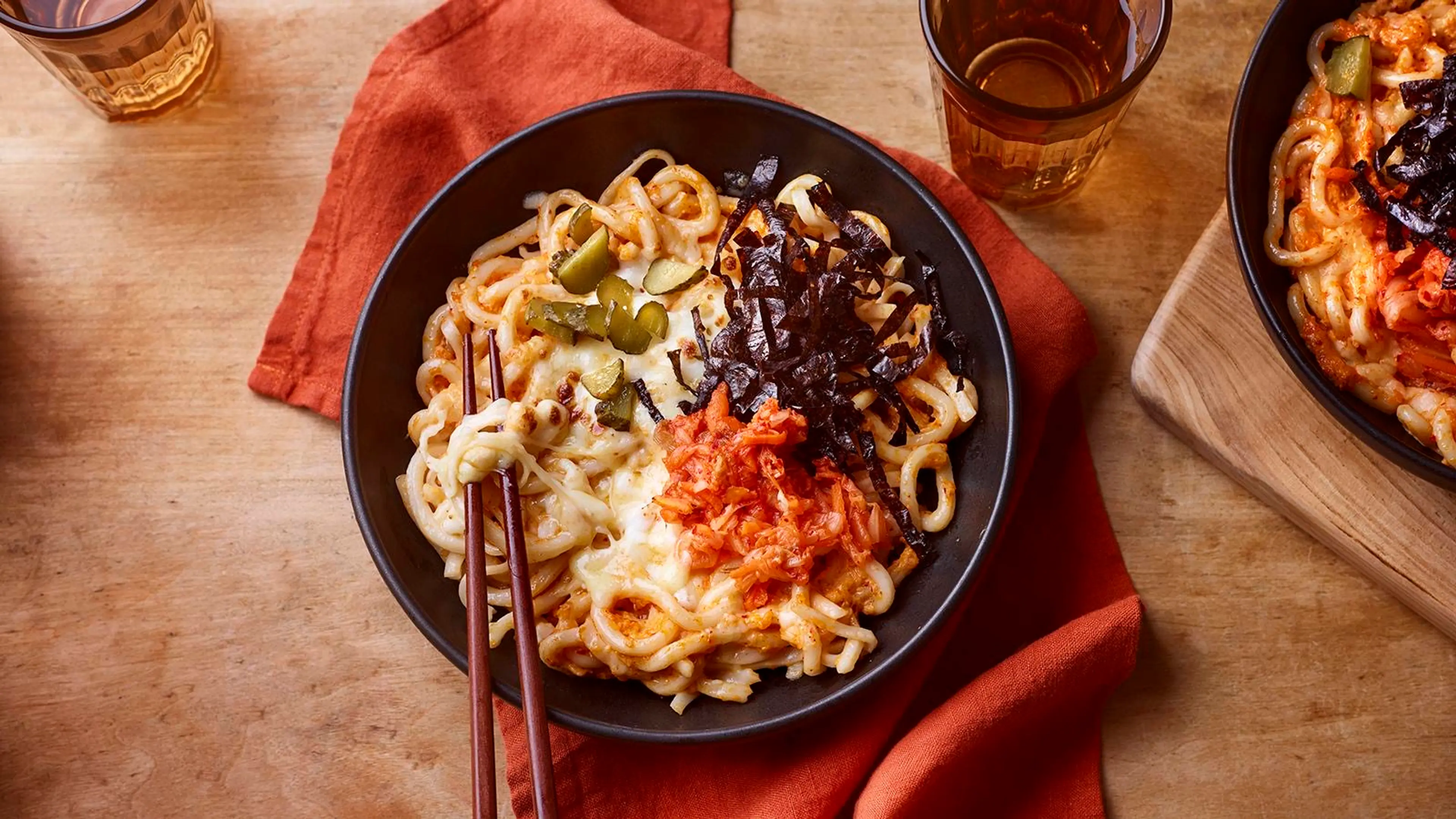 Grilled cheese and kimchi udon noodles