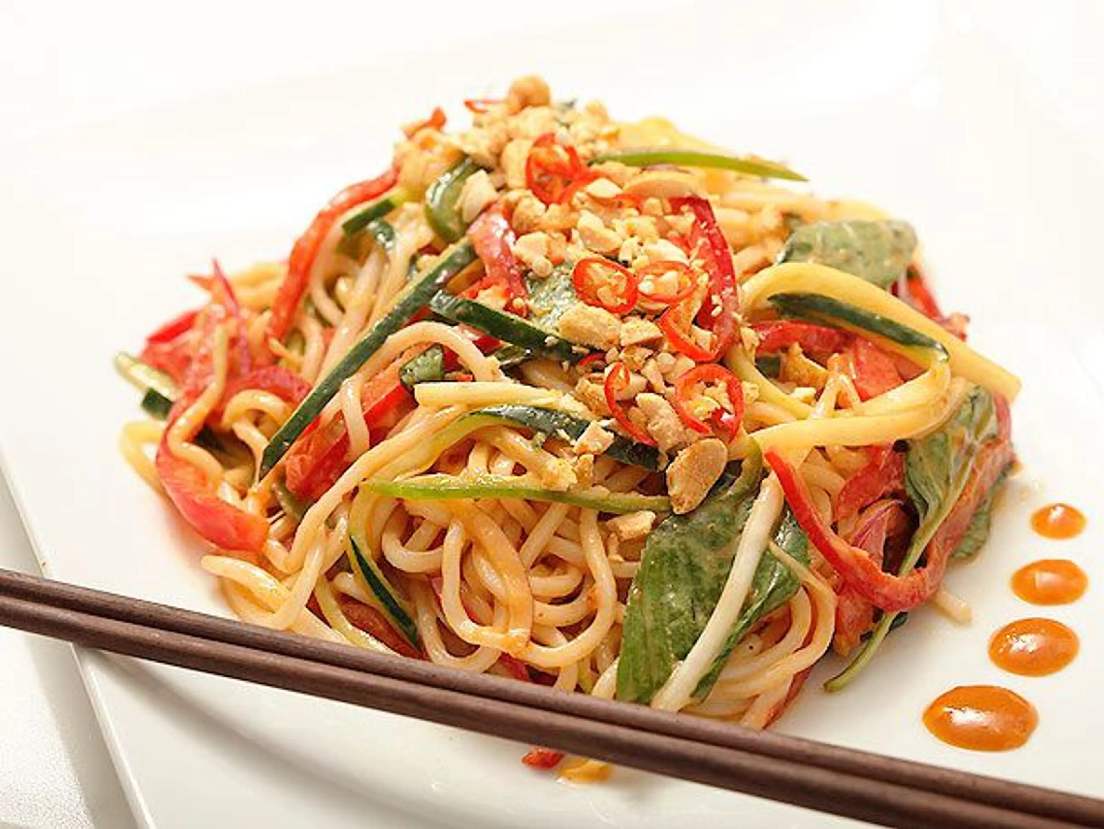 Spicy Peanut Noodle Salad With Cucumbers, Red Peppers, and B