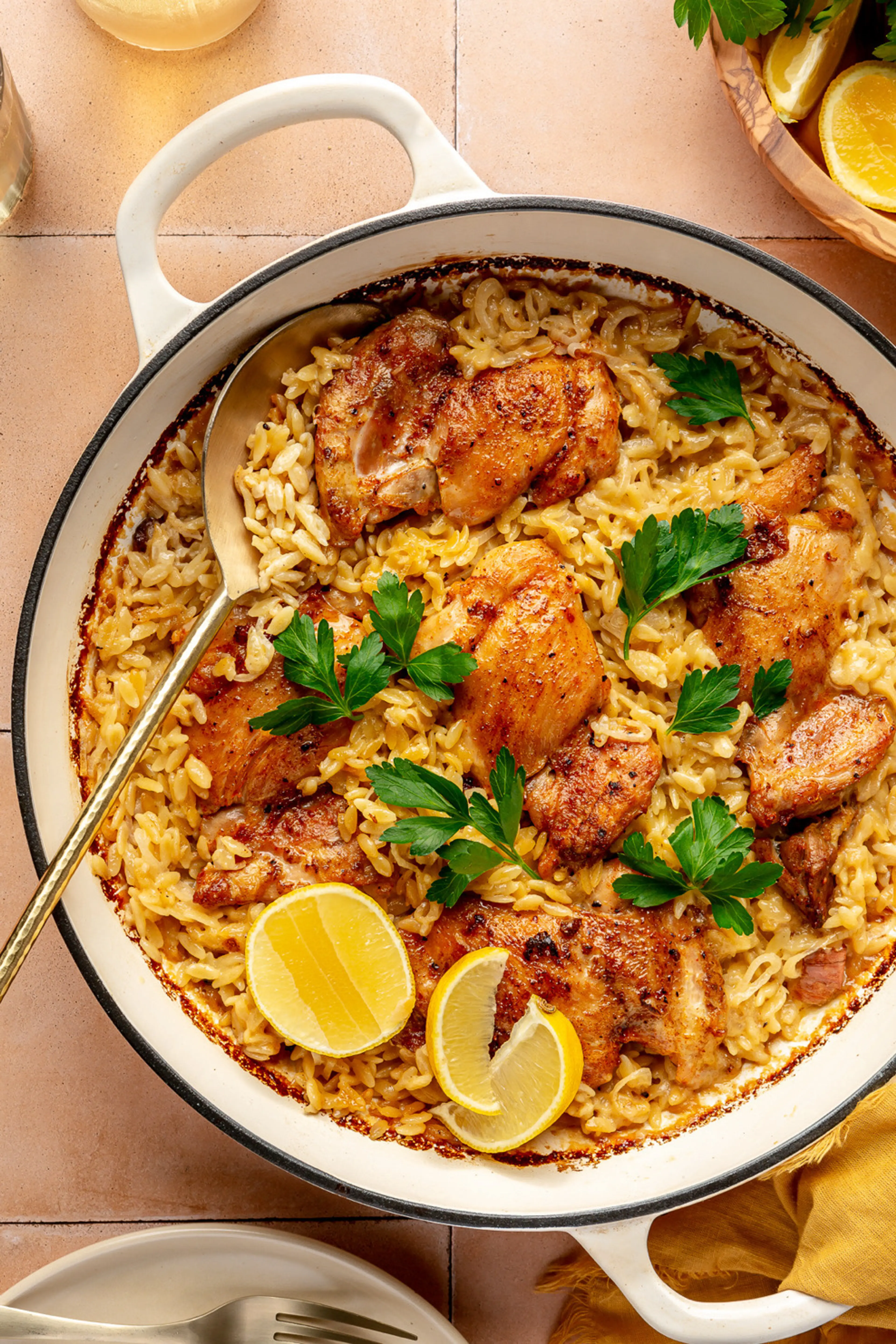 One Skillet Crispy Chicken Thighs & Creamy Lemon Garlic Orzo