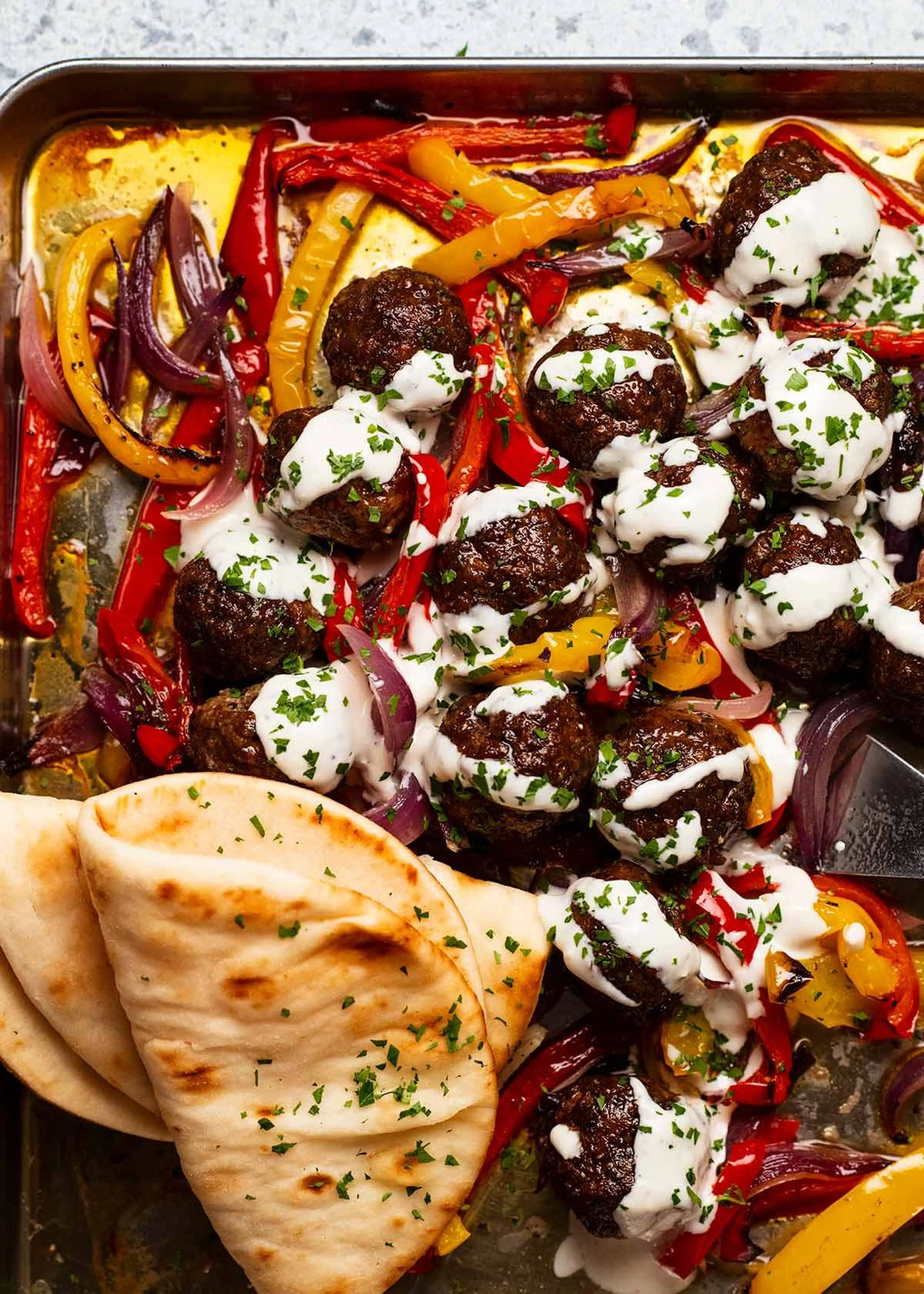 Tray bake dinner: lamb kofta meatballs
