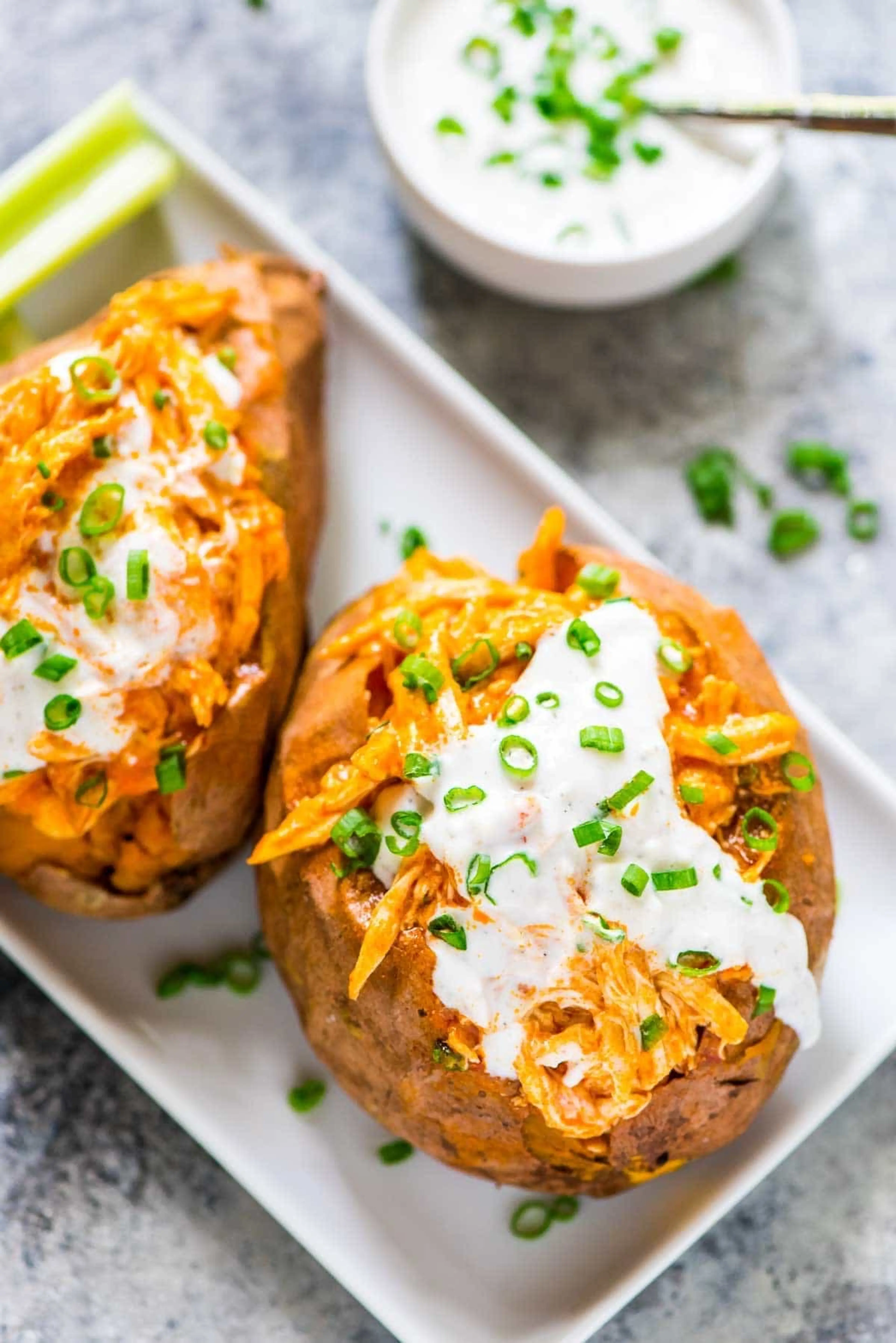 Slow Cooker Buffalo Chicken Sweet Potatoes