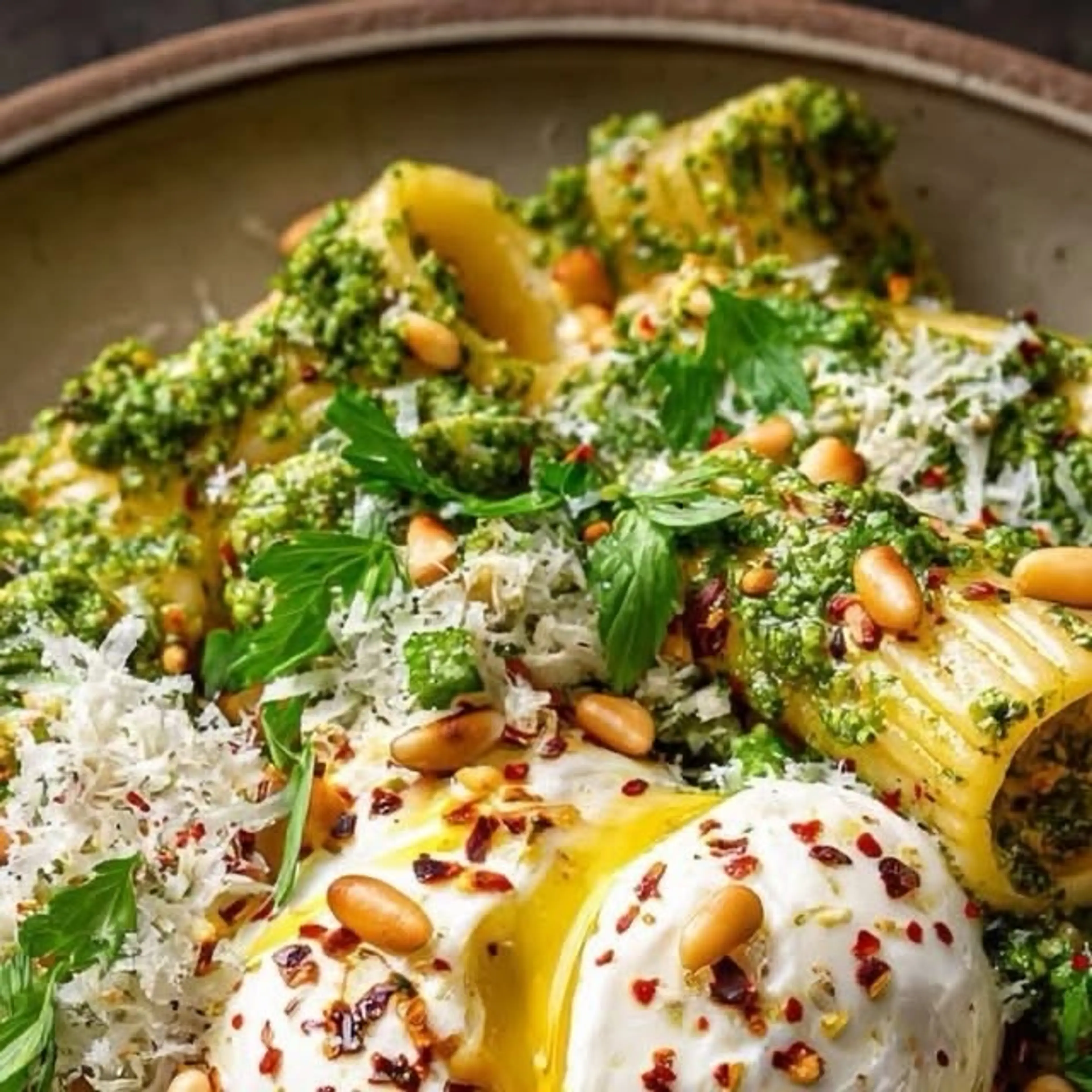 Lemon Pesto Rigatoni with Burrata & Roasted Pine Nuts