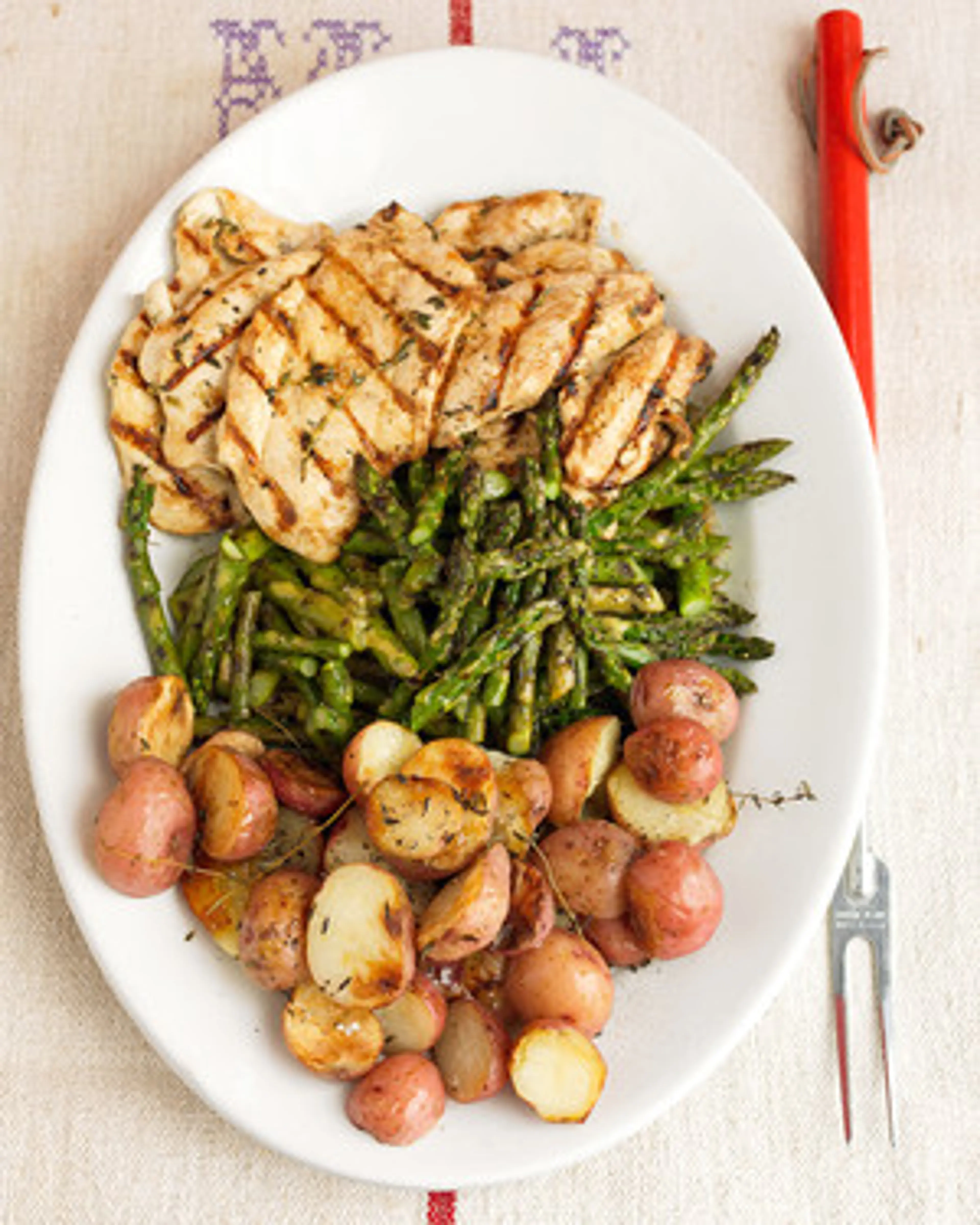 Garlic-Marinated Chicken Cutlets with Grilled Potatoes