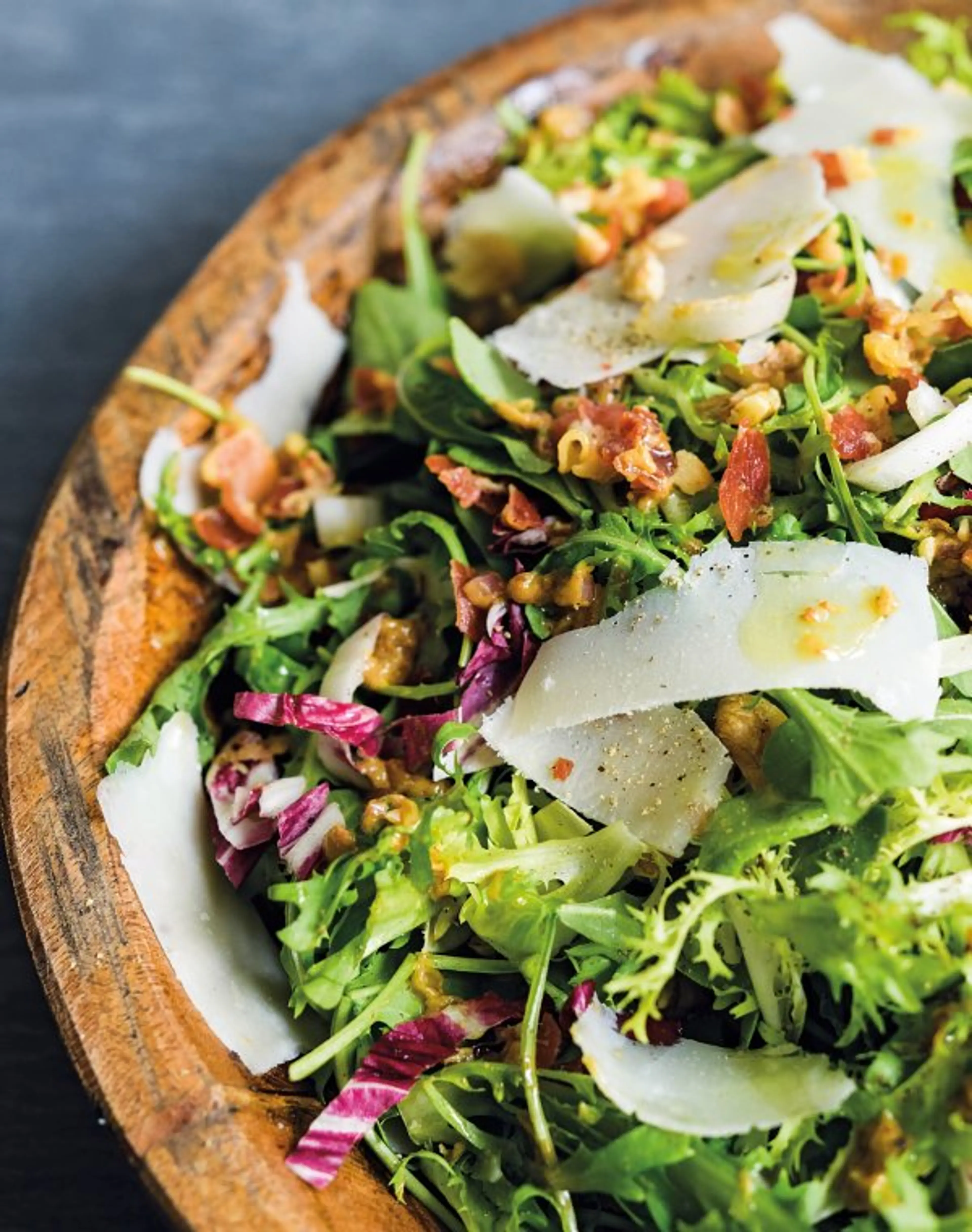 Greens with Walnuts, Parmesan and Pancetta Vinaigrette