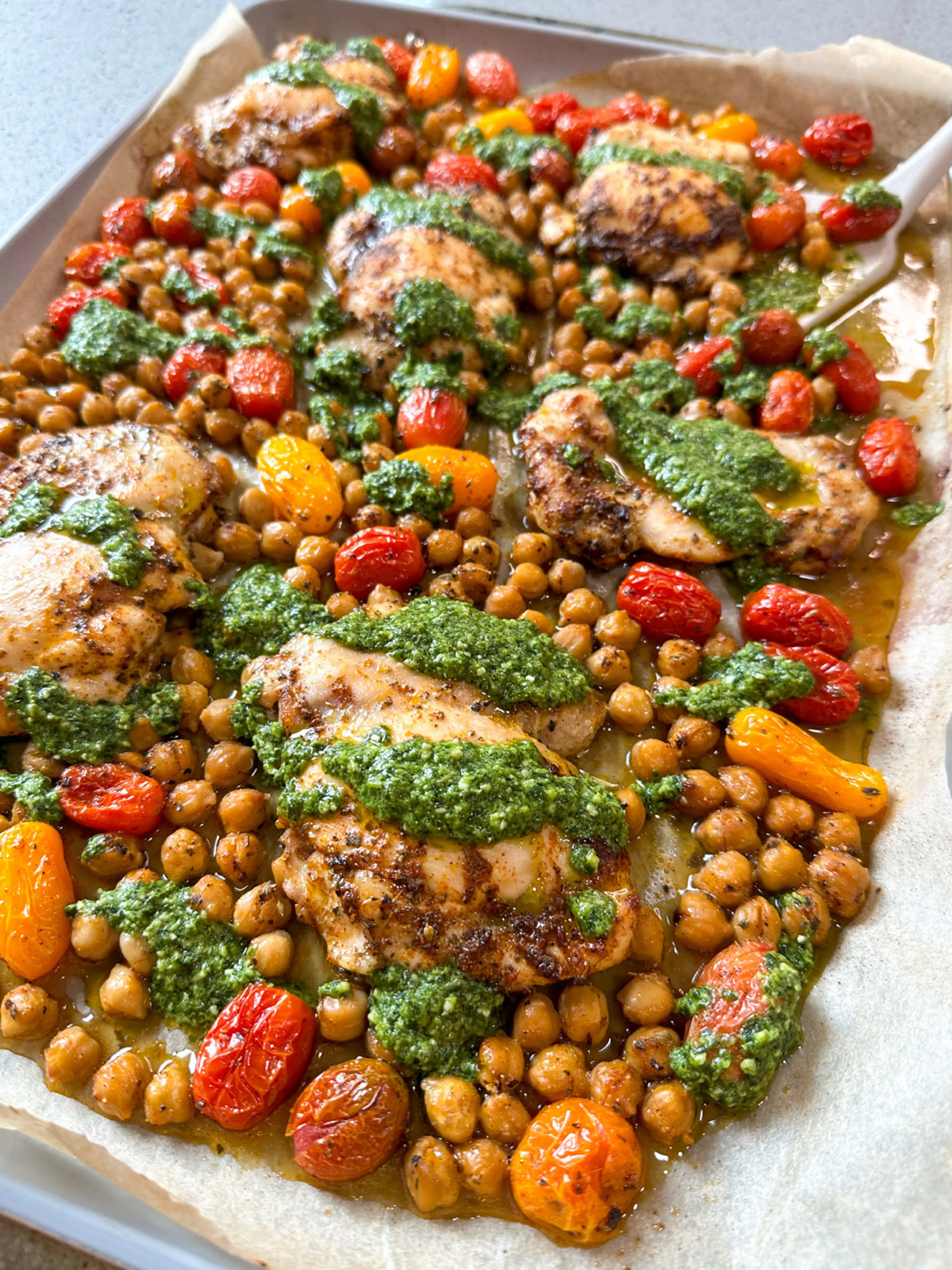 Sheet Pan Chicken Thighs with Cherry Tomatoes, Chickpeas, an
