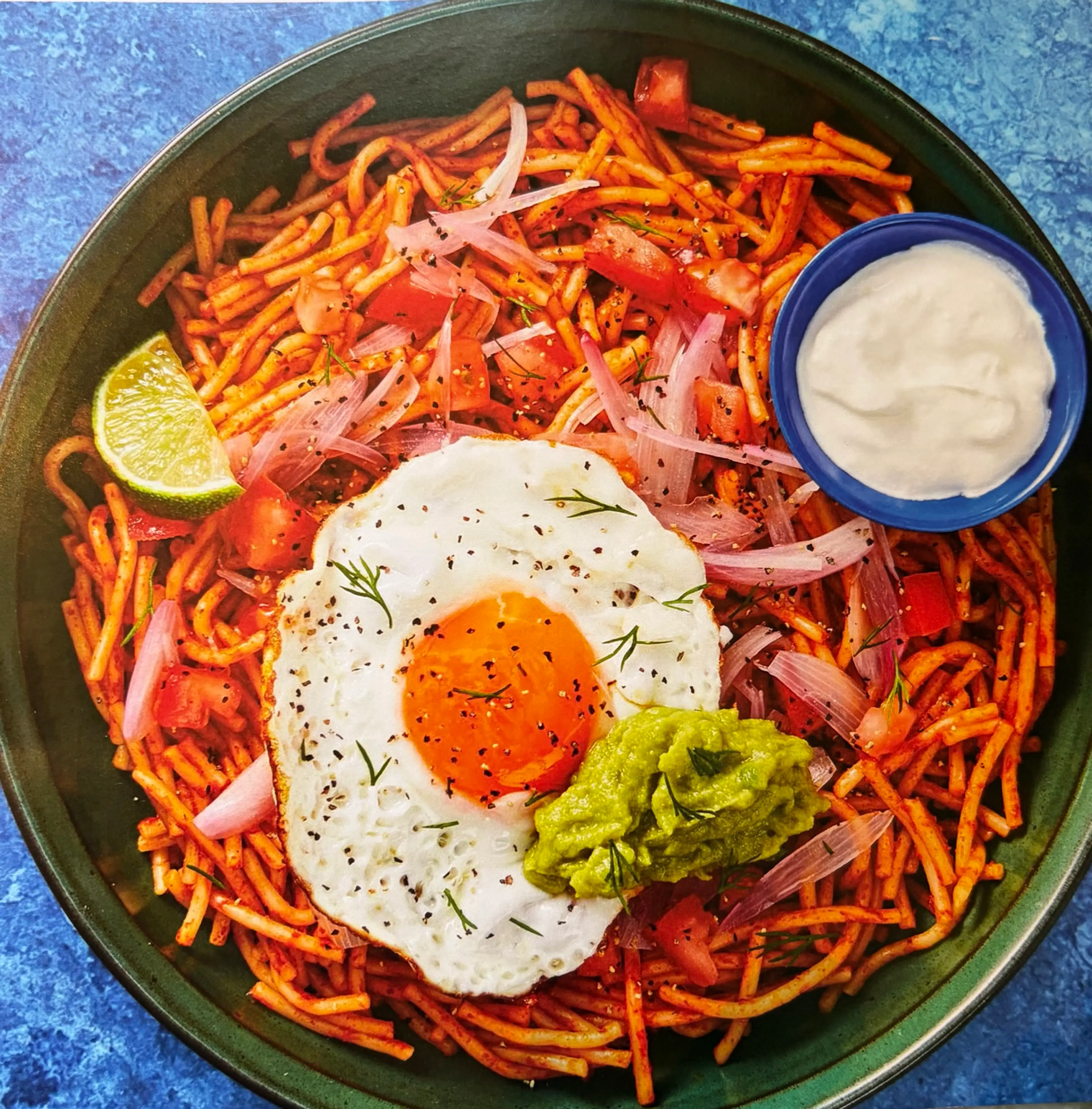 Fideo Seco with Fried Egg and Guac