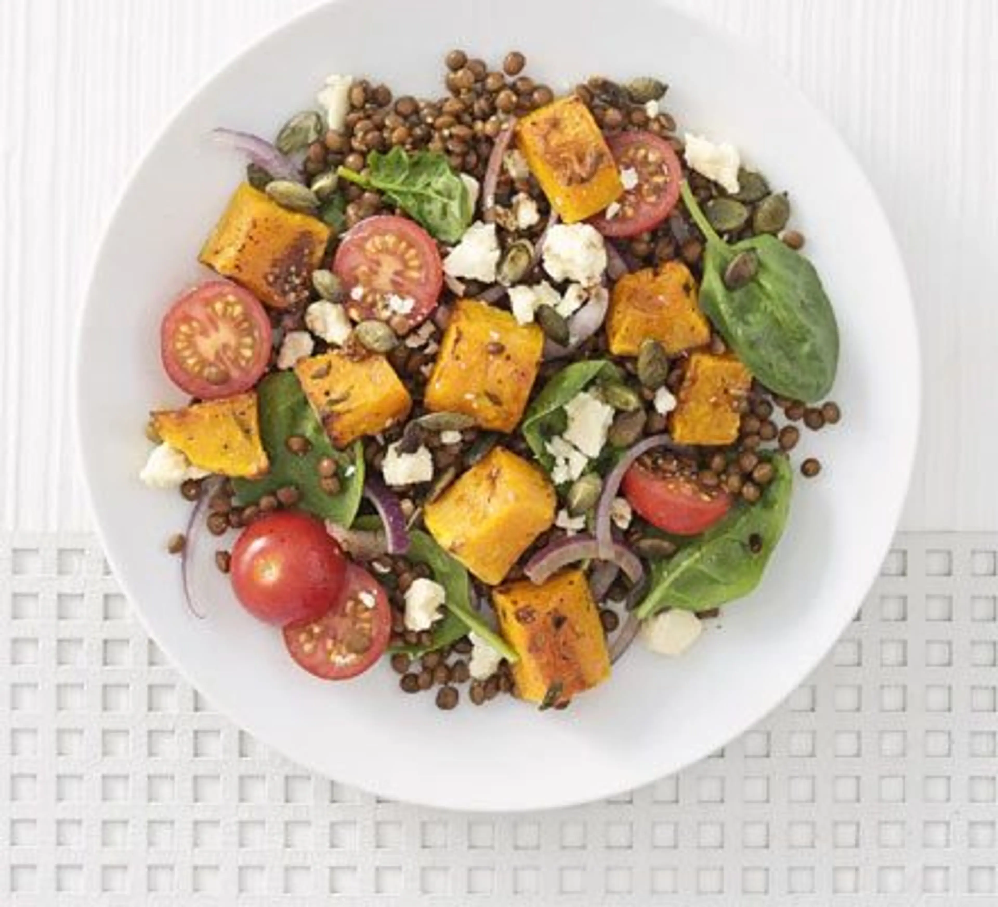 Warm roasted squash and puy lentil salad