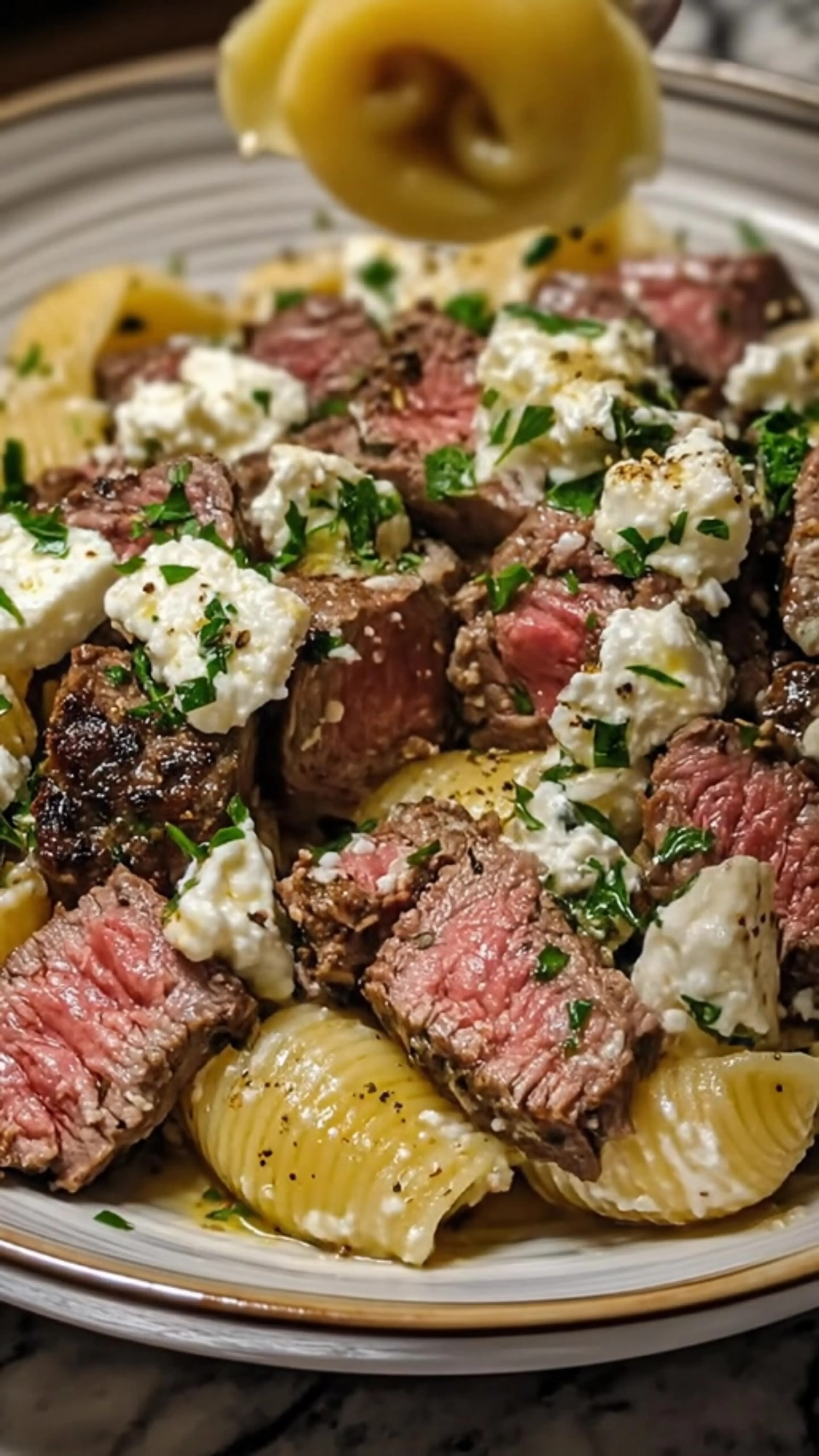 Steak Shells with Feta and Herb Cream Sauce