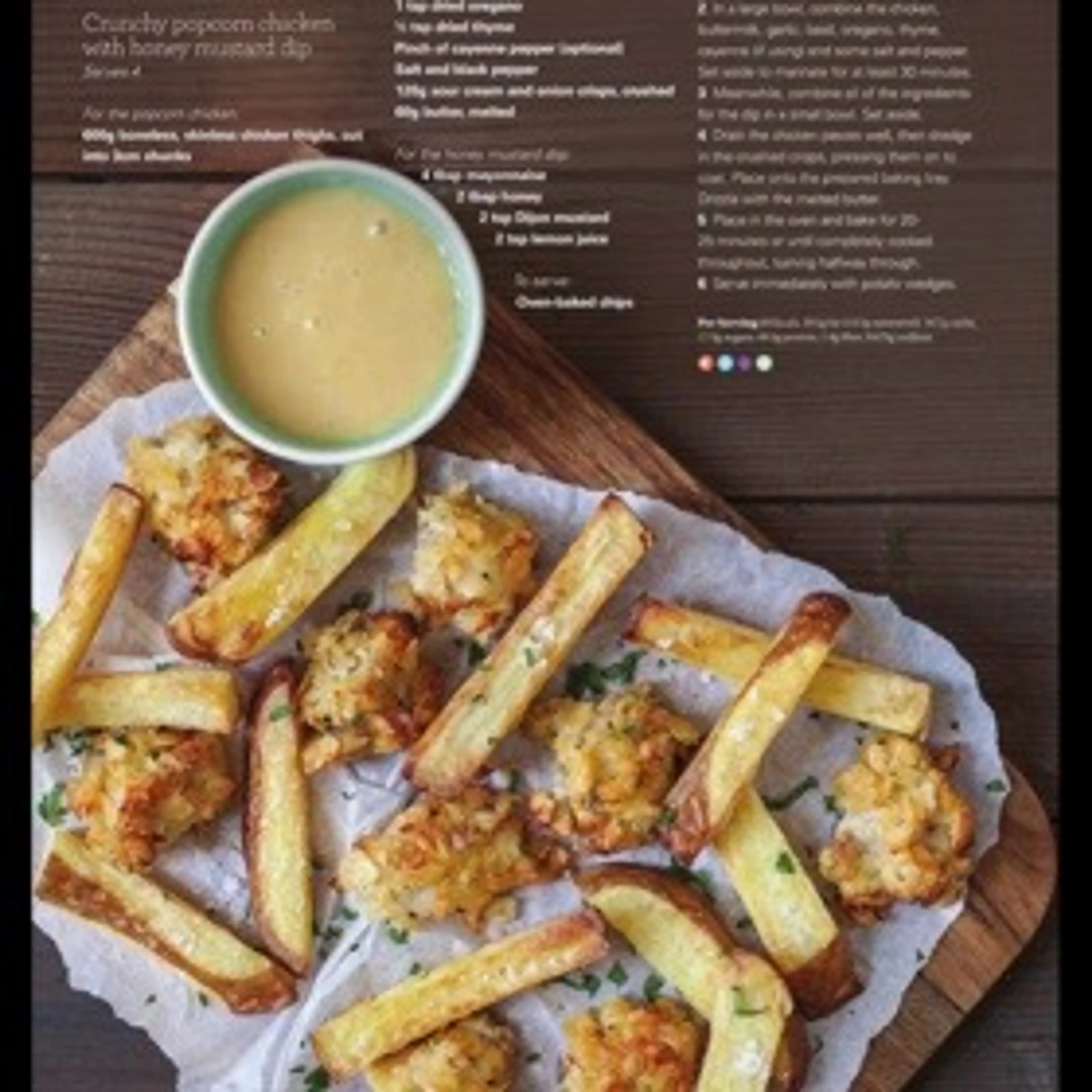 Crunchy popcorn chicken with honey mustard dip