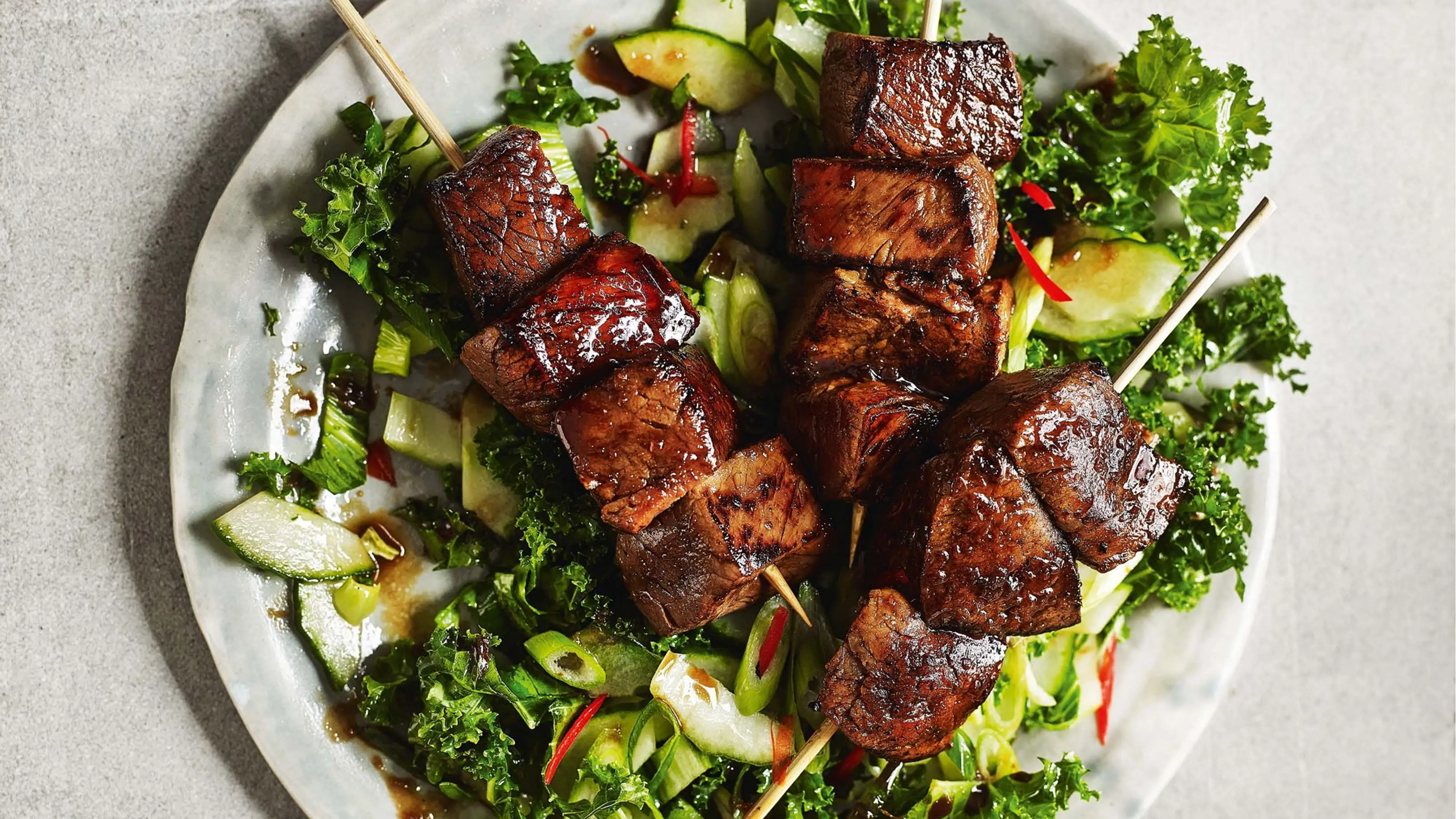 Teriyaki Steak Skewers with Asian-Style Greens