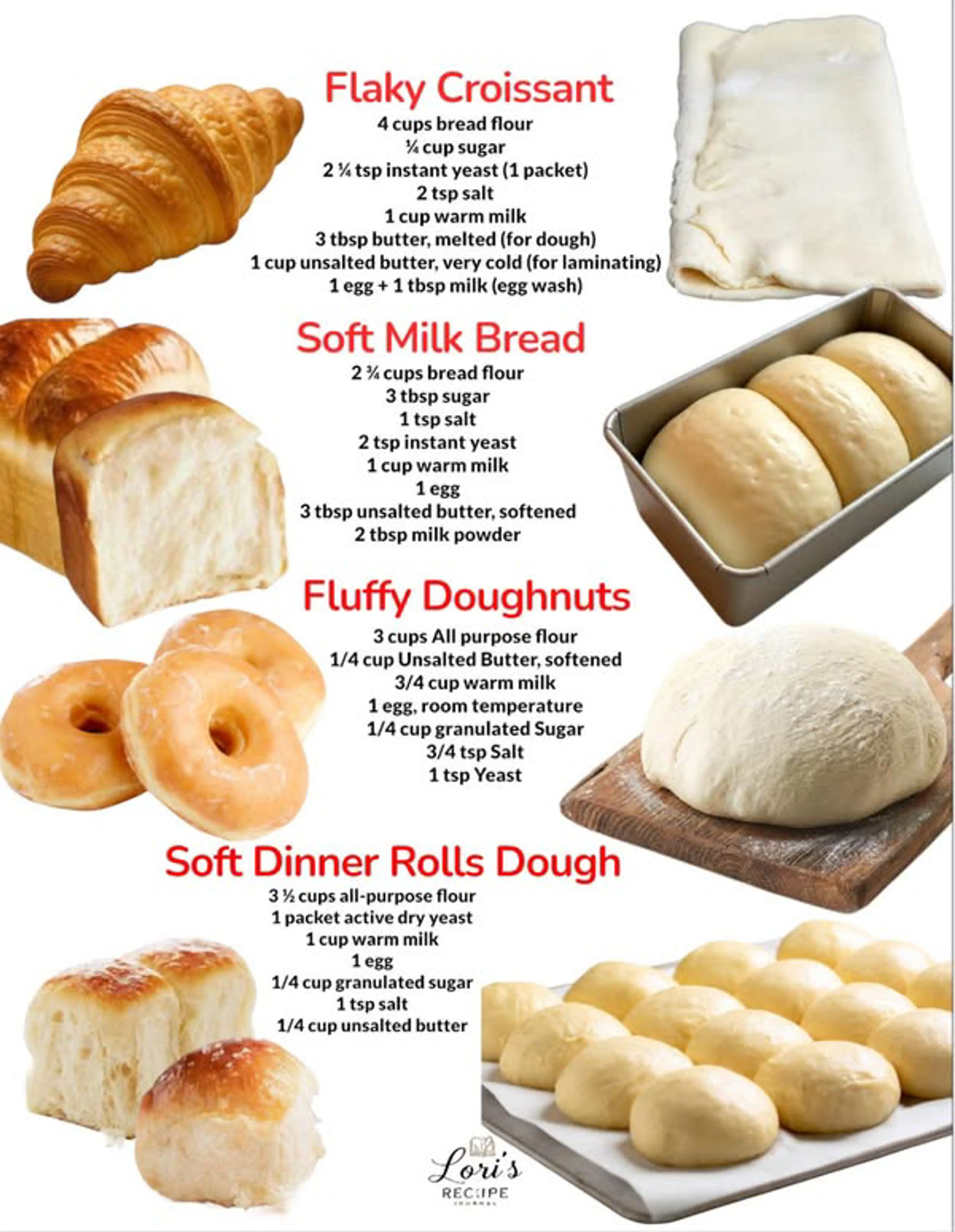 Homemade Croissants, Milk Bread, Doughnuts and Dinner Rolls