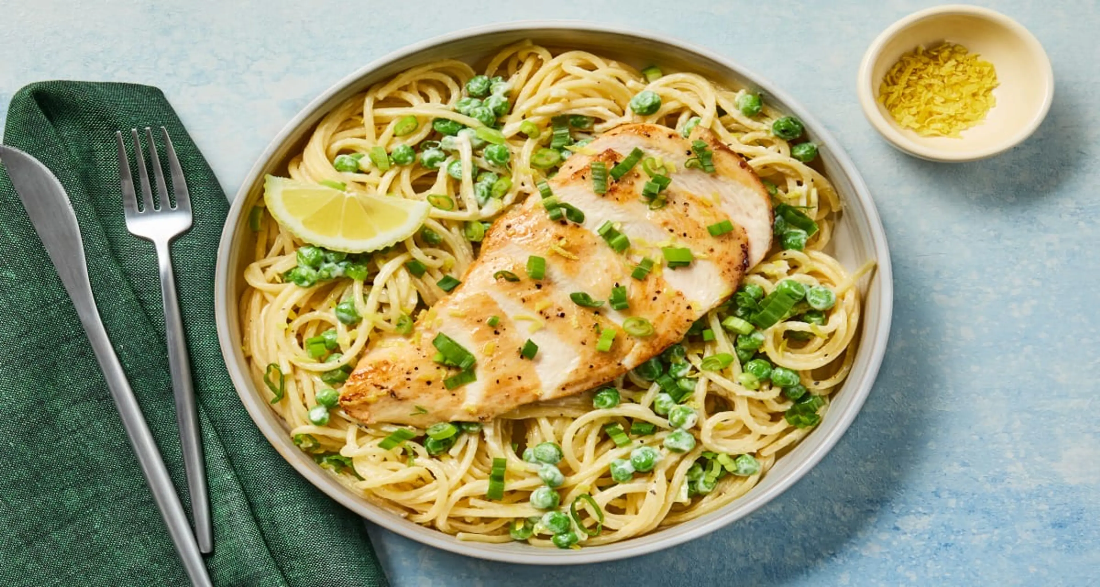 Garlic Chicken & Creamy Lemon Spaghetti with Peas & Scallion