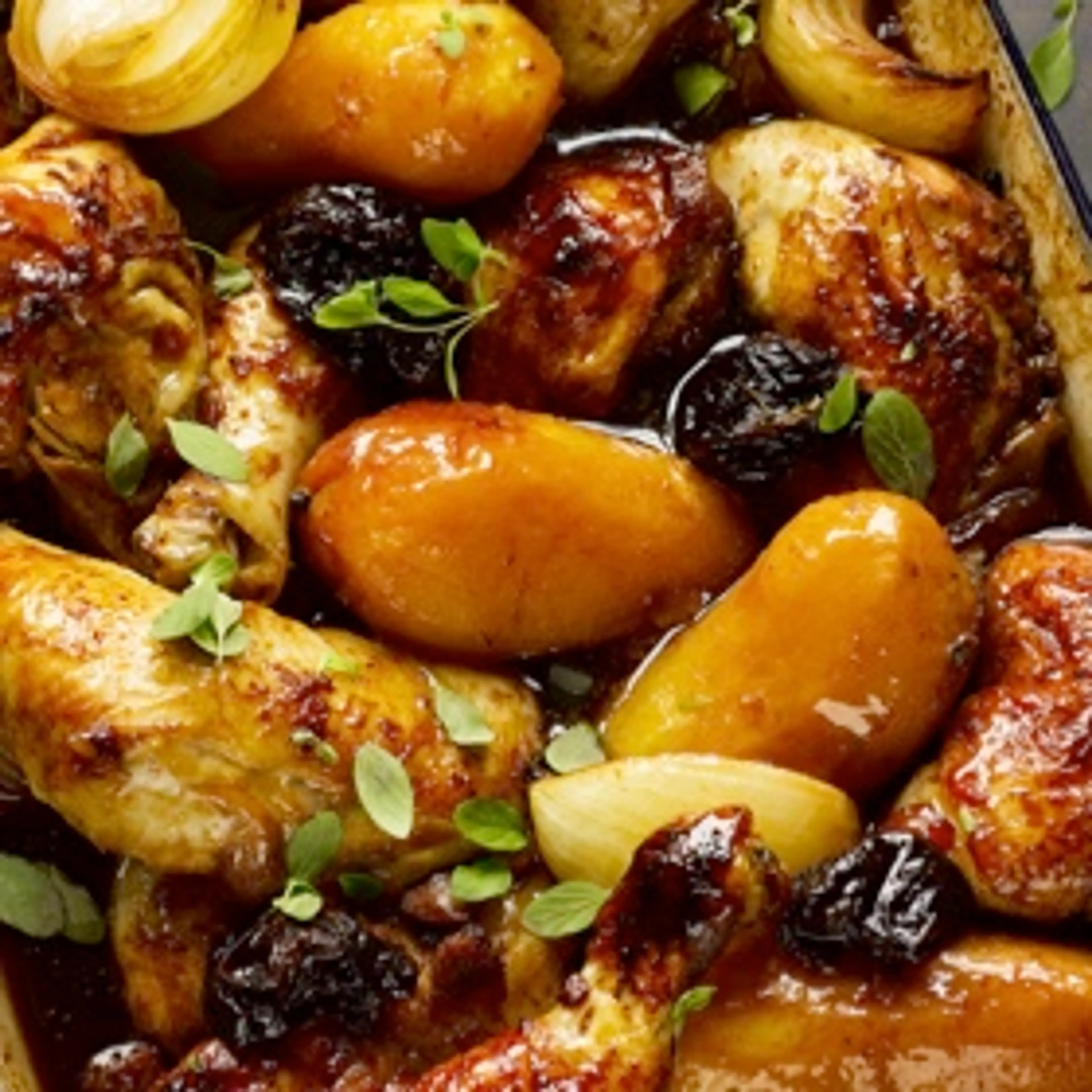 Chicken Roasted with Potatoes, Prunes and Pomegranate Molass