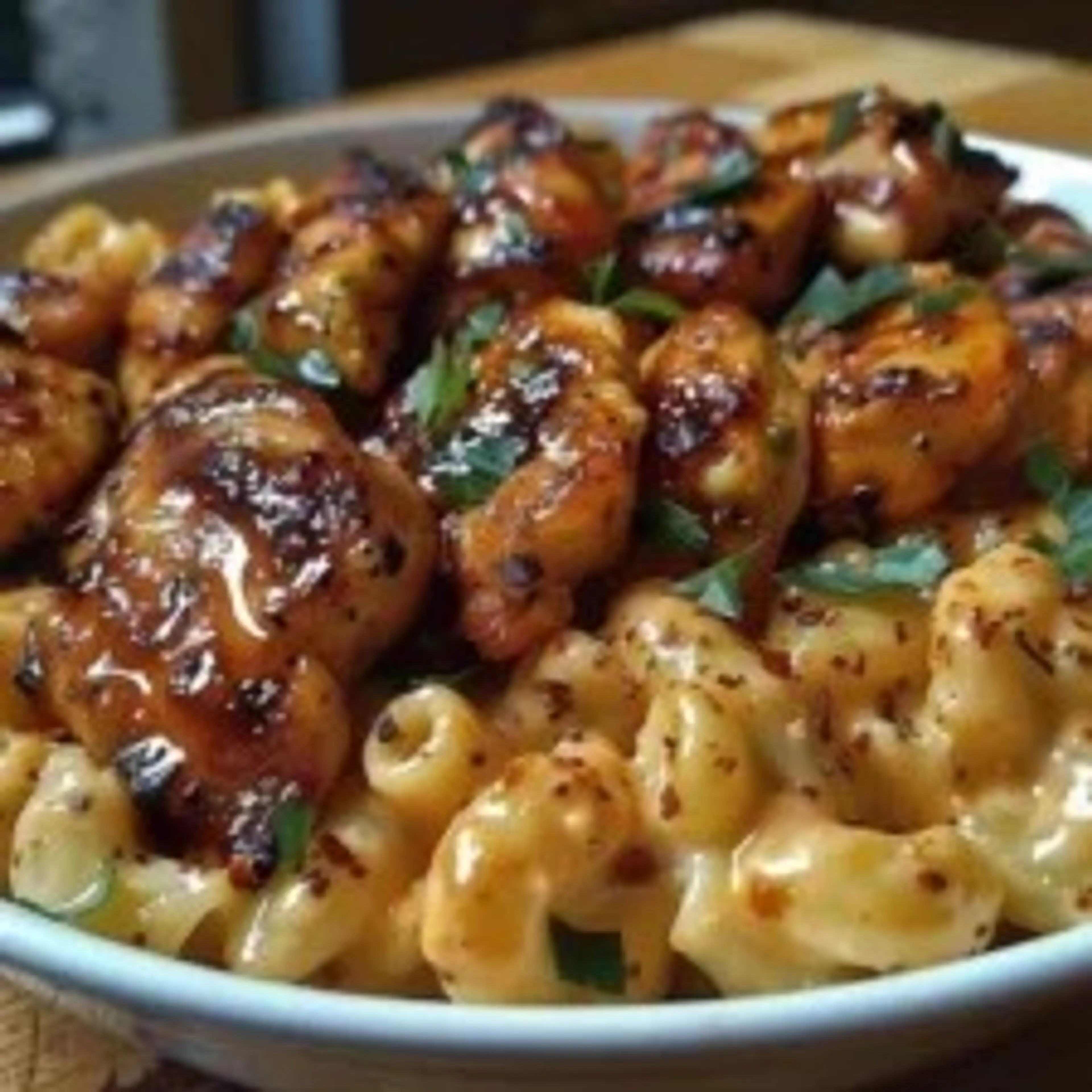 Sweet and Spicy Honey Pepper Chicken with Creamy Macaroni Ch