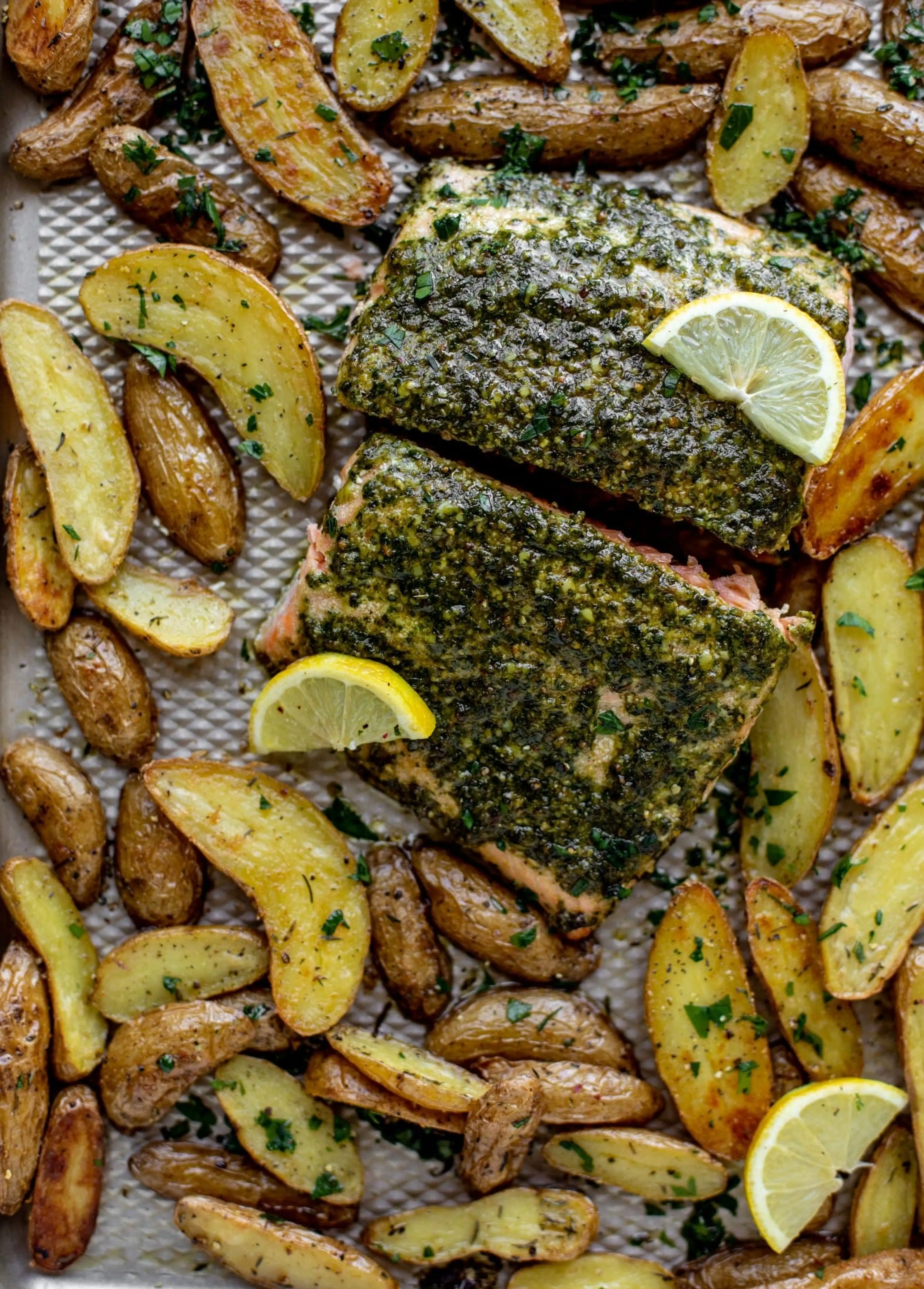 Sheet Pan Pesto Salmon with Lemon Potatoes