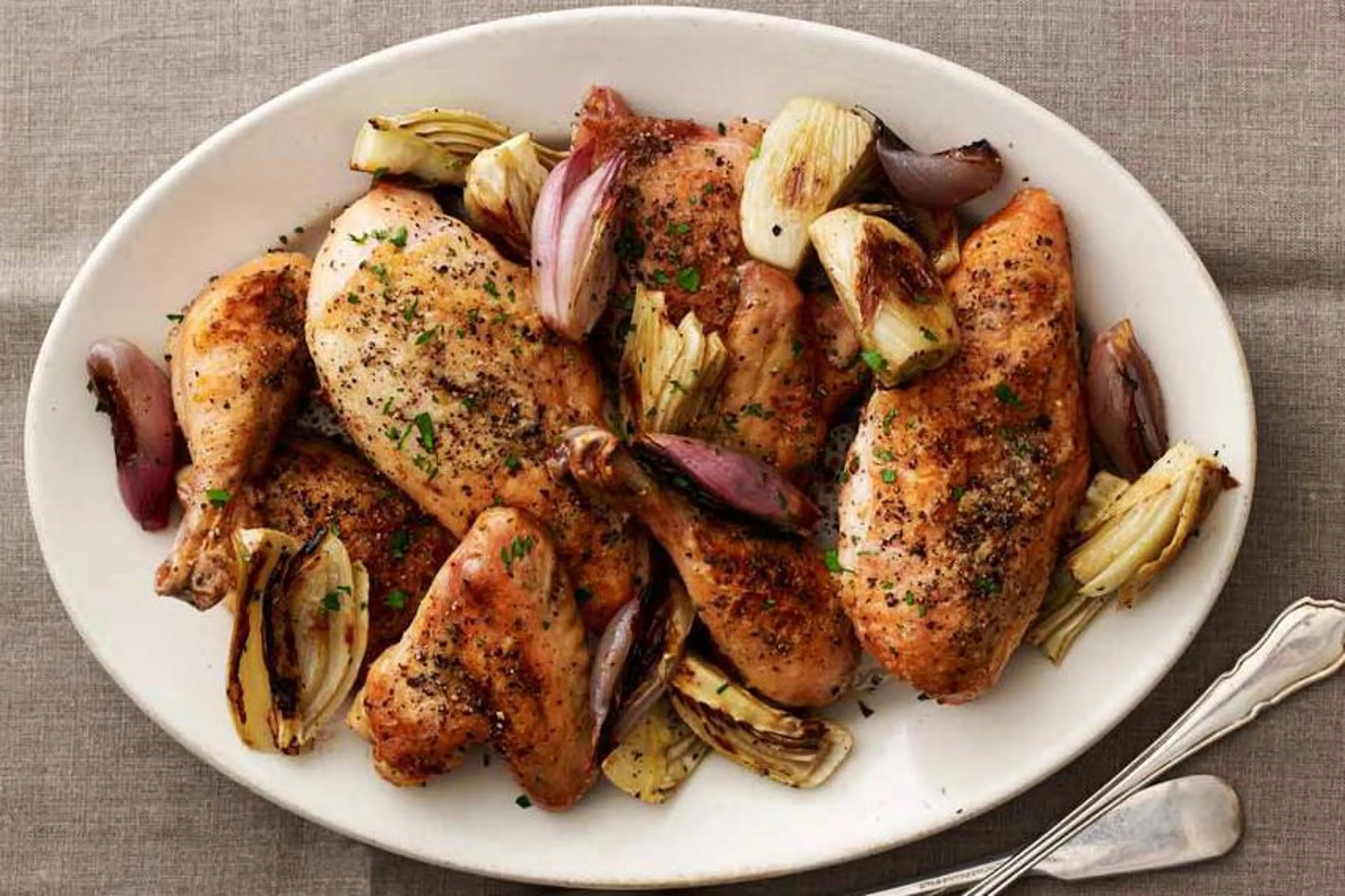 Crispy Salt and Pepper Chicken with Caramelized Fennel and S