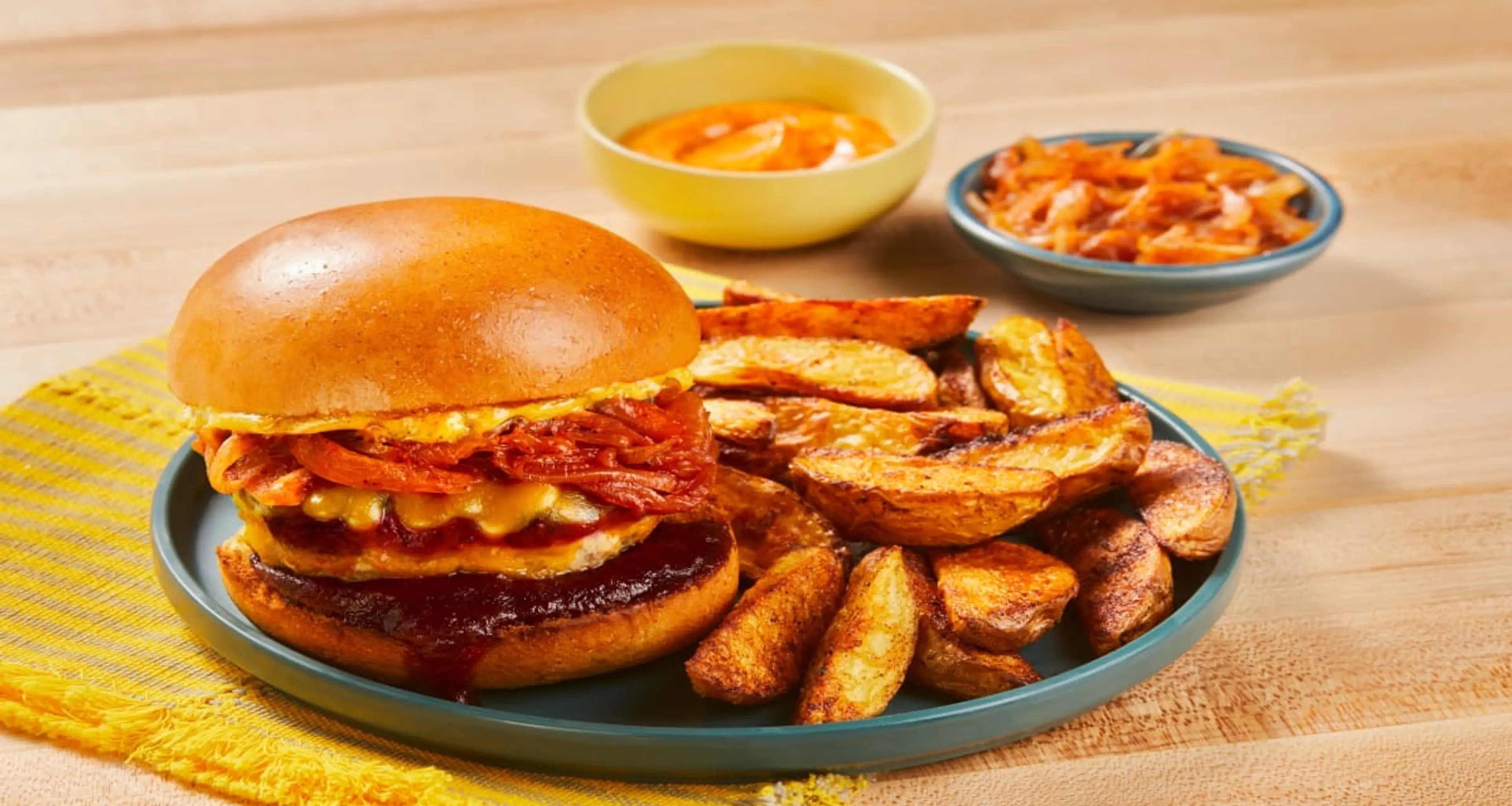 BBQ Cheddar Burgers with Chipotle Aioli & Potato Wedges