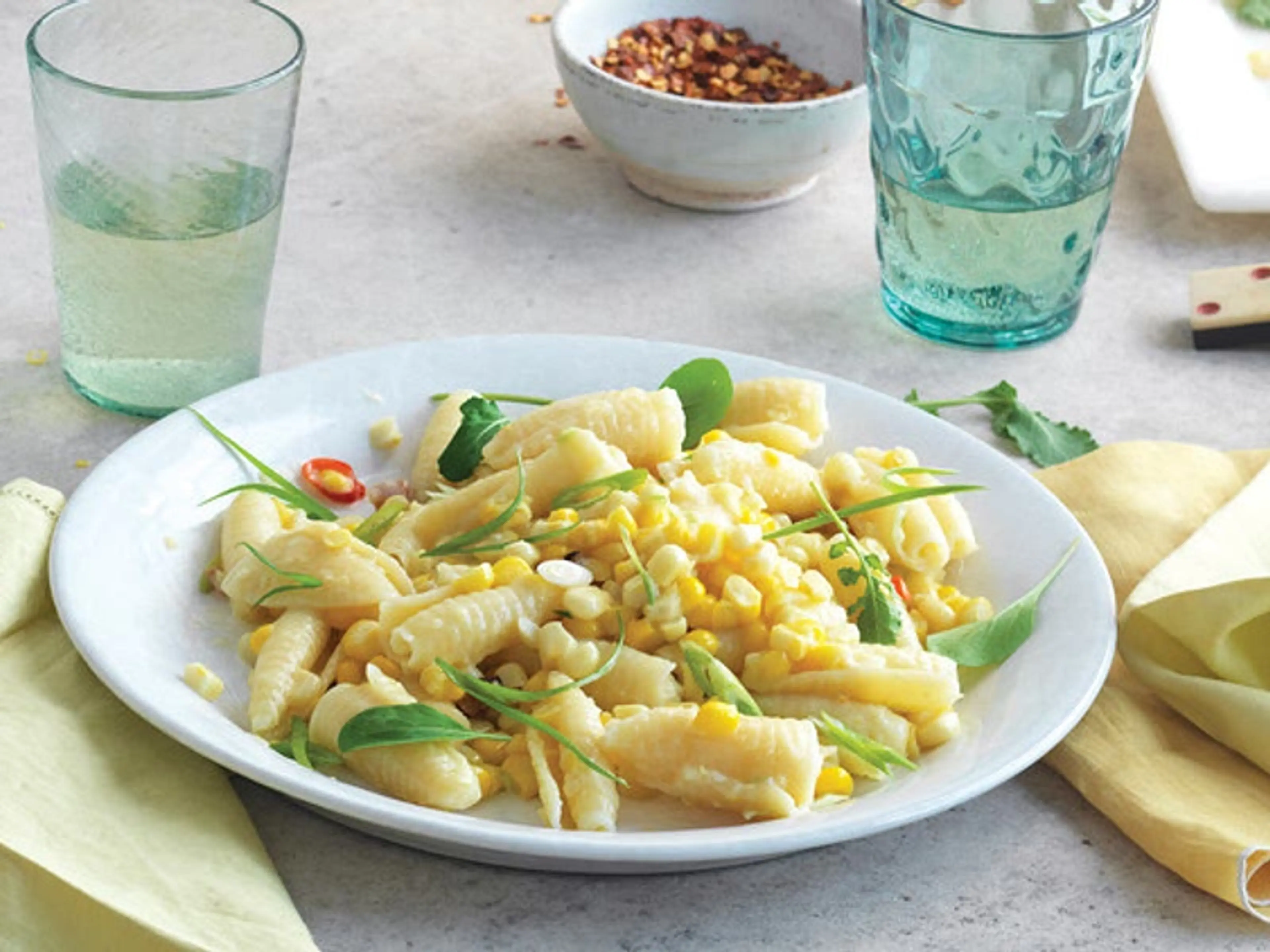 Campanelle with Corn, Scallions, and Arugula