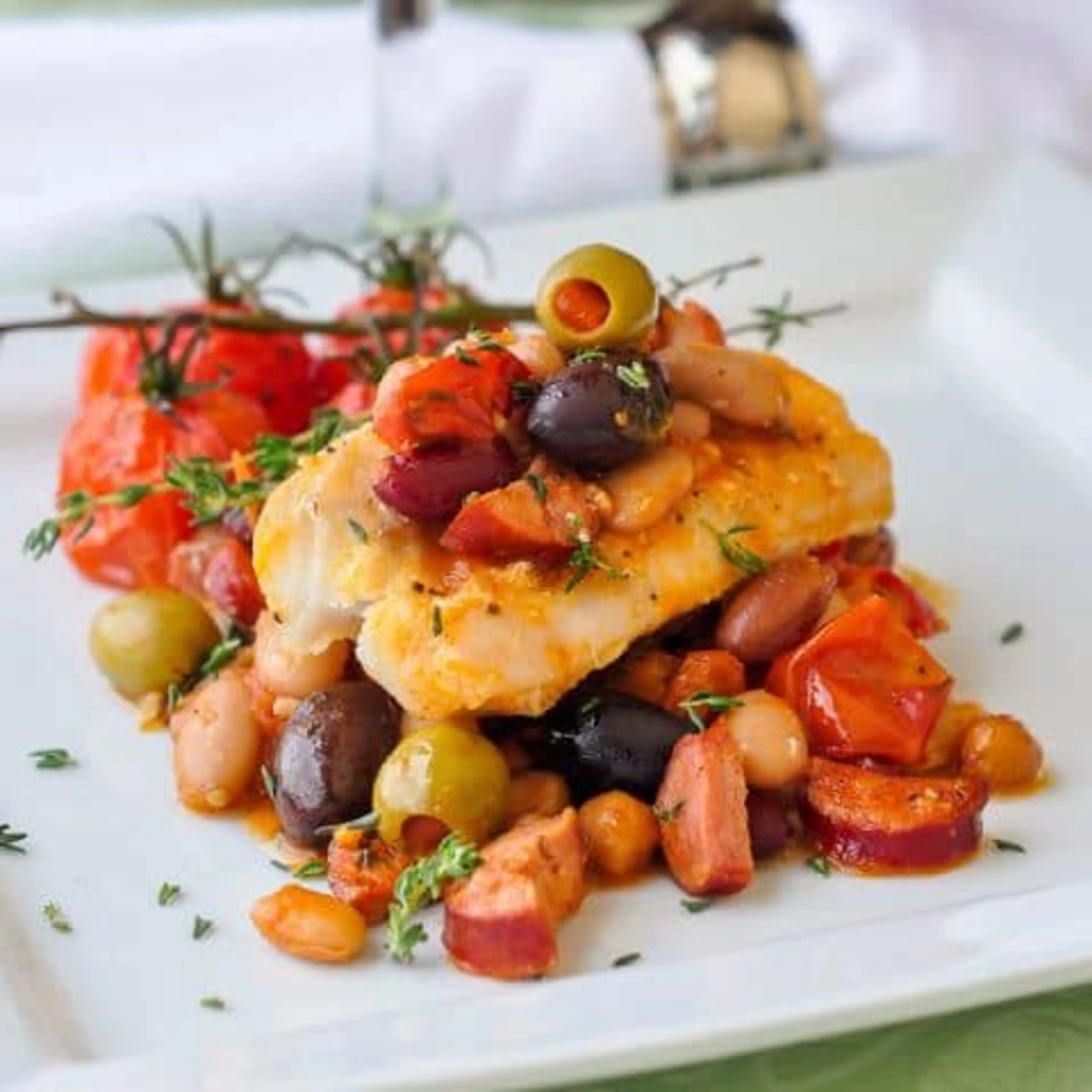 Baked Cod with 5 Beans and Chorizo
