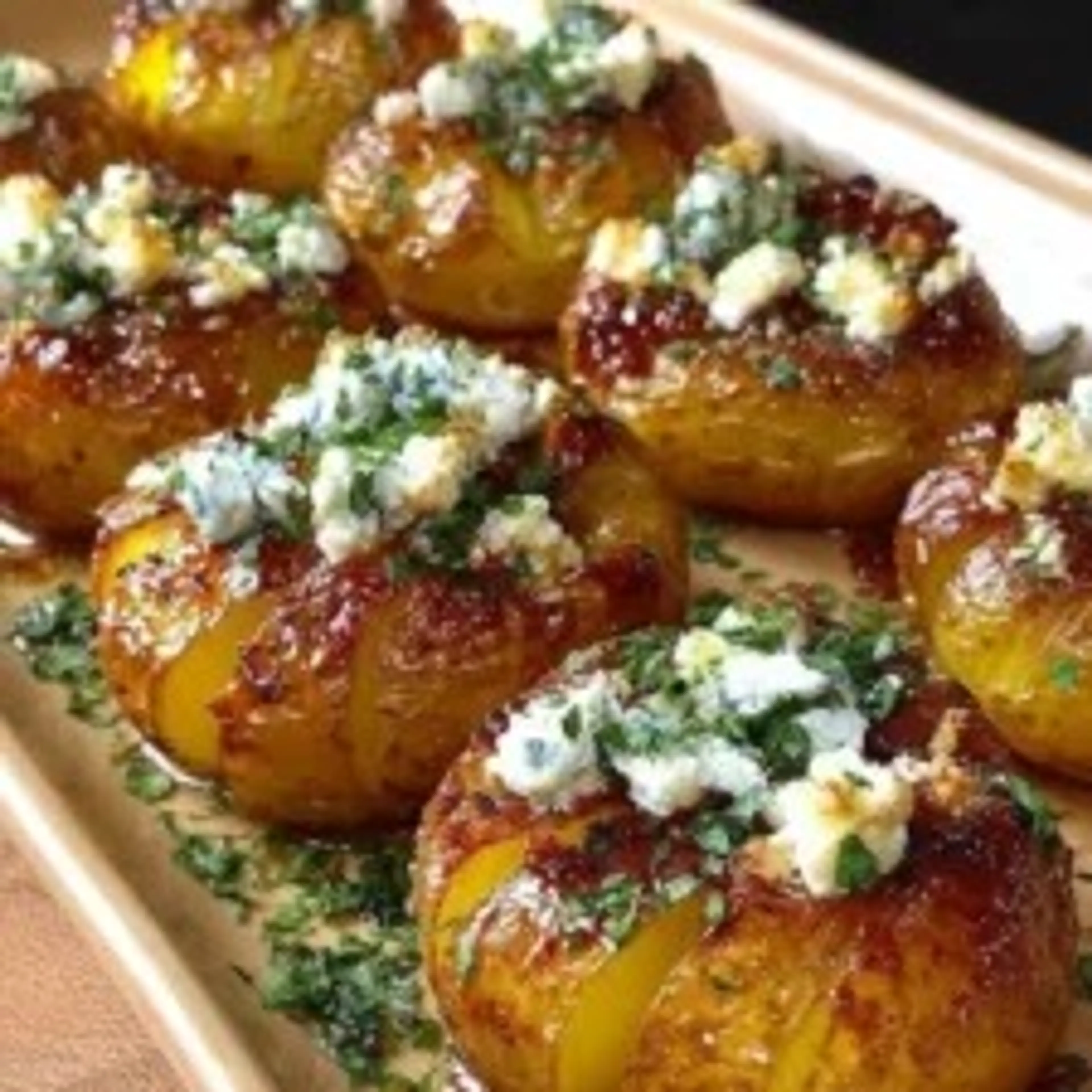 Smashed Crispy Feta Potatoes with Garlic Butter Drizzle