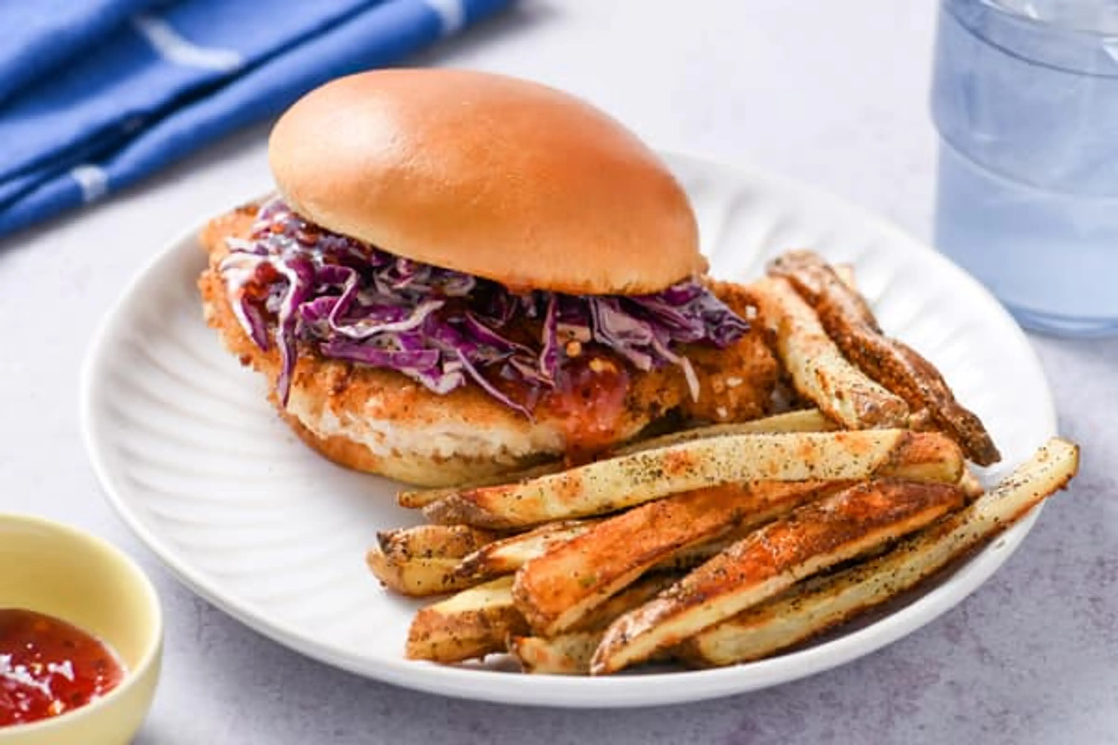 Sweet Chili Chicken Sando with slaw and fries