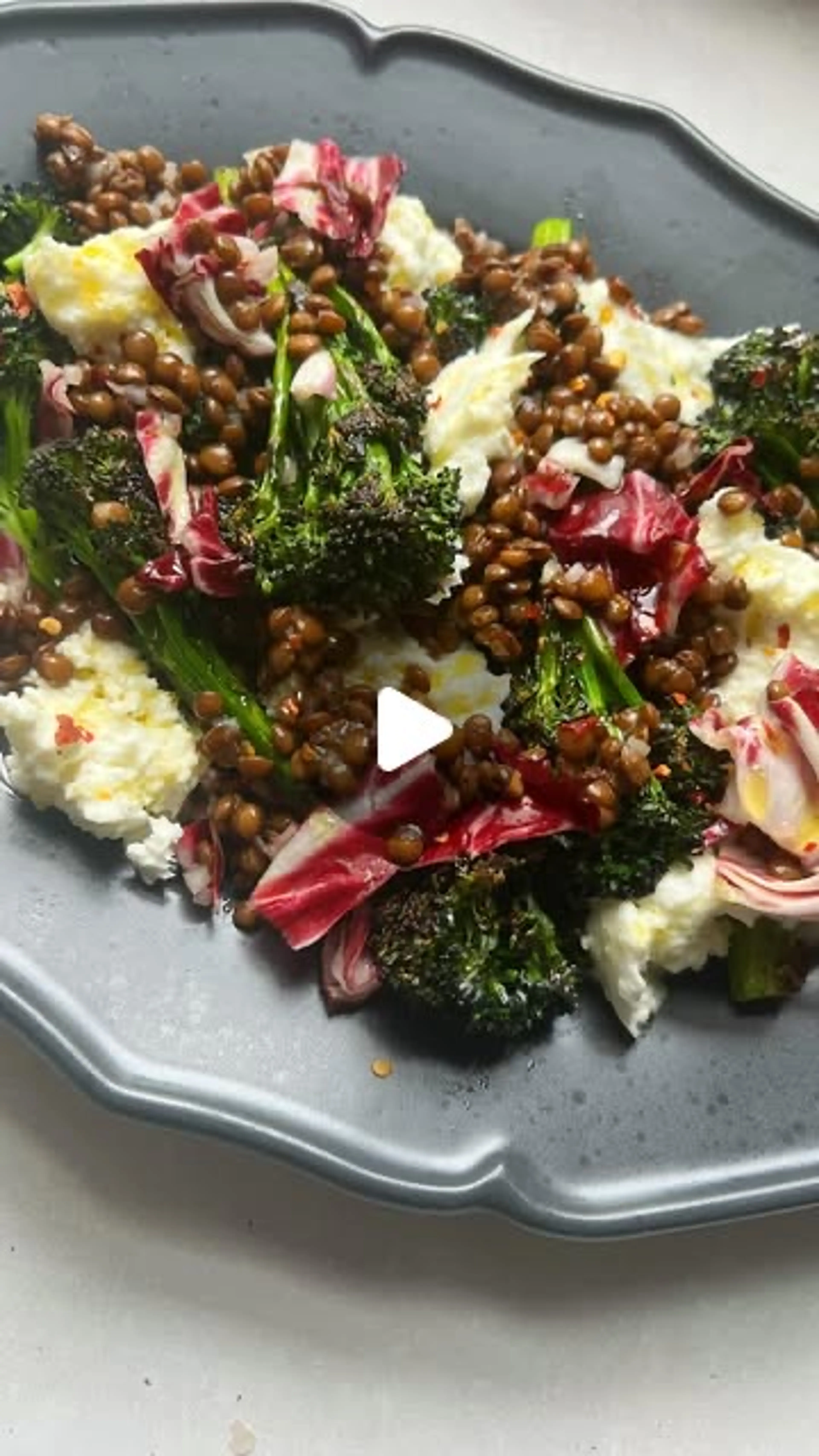 Charred Purple Sprouting Broccoli, Lentils & Mozzarella.