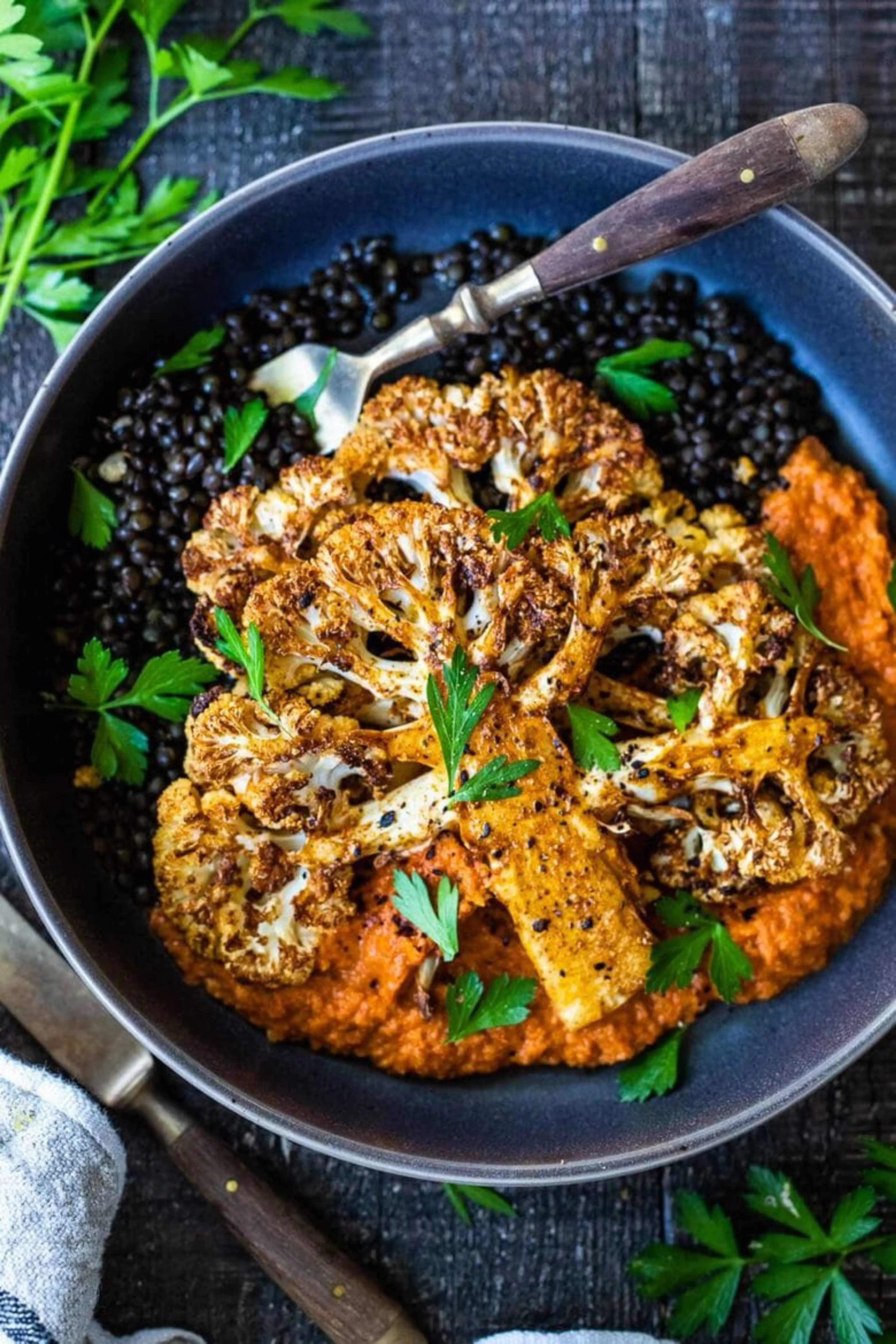 Cauliflower Steaks with Romesco Sauce and Lentils