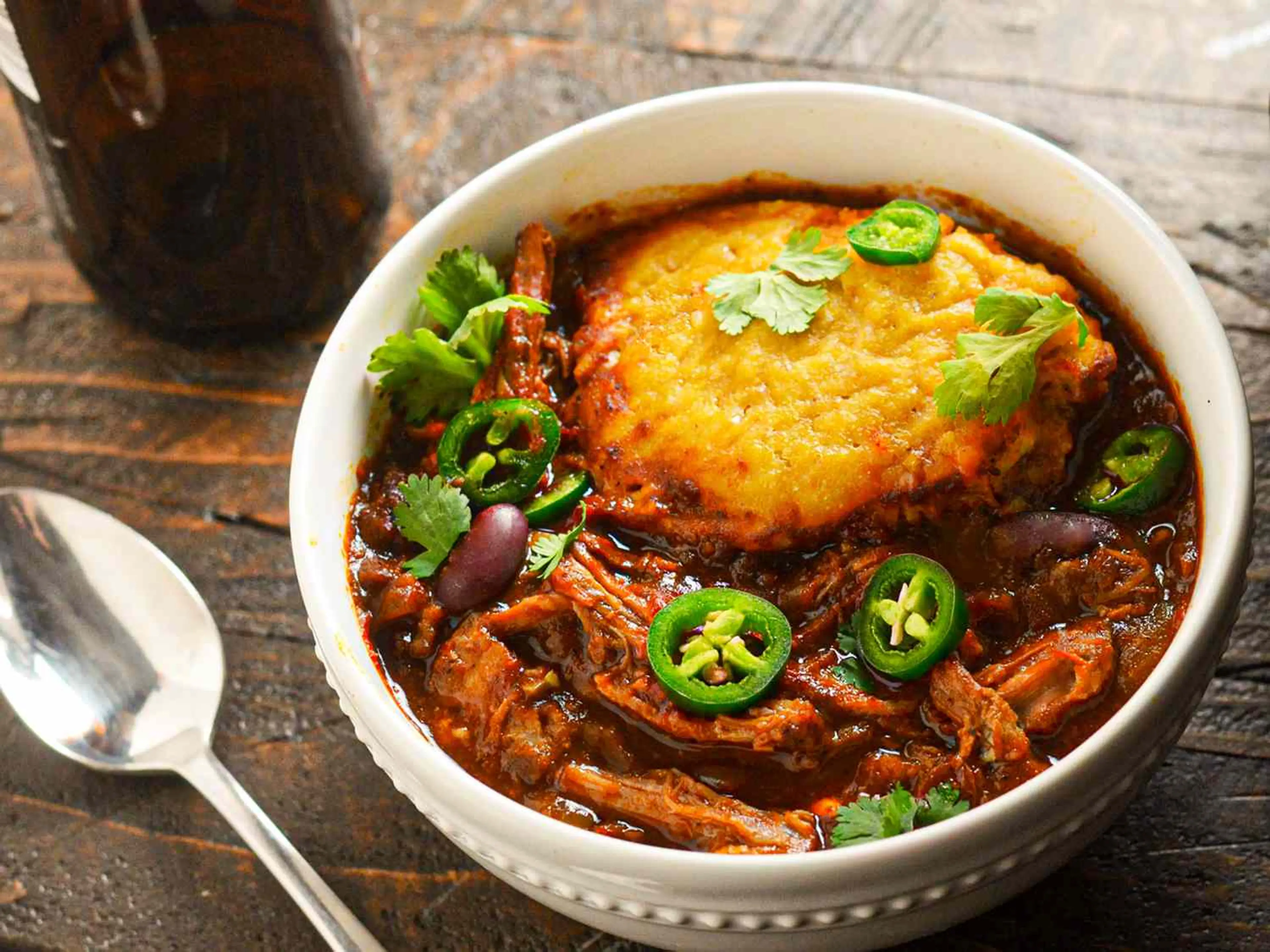 Slow-Cooker Pulled Pork Chili With Cornbread Dumplings