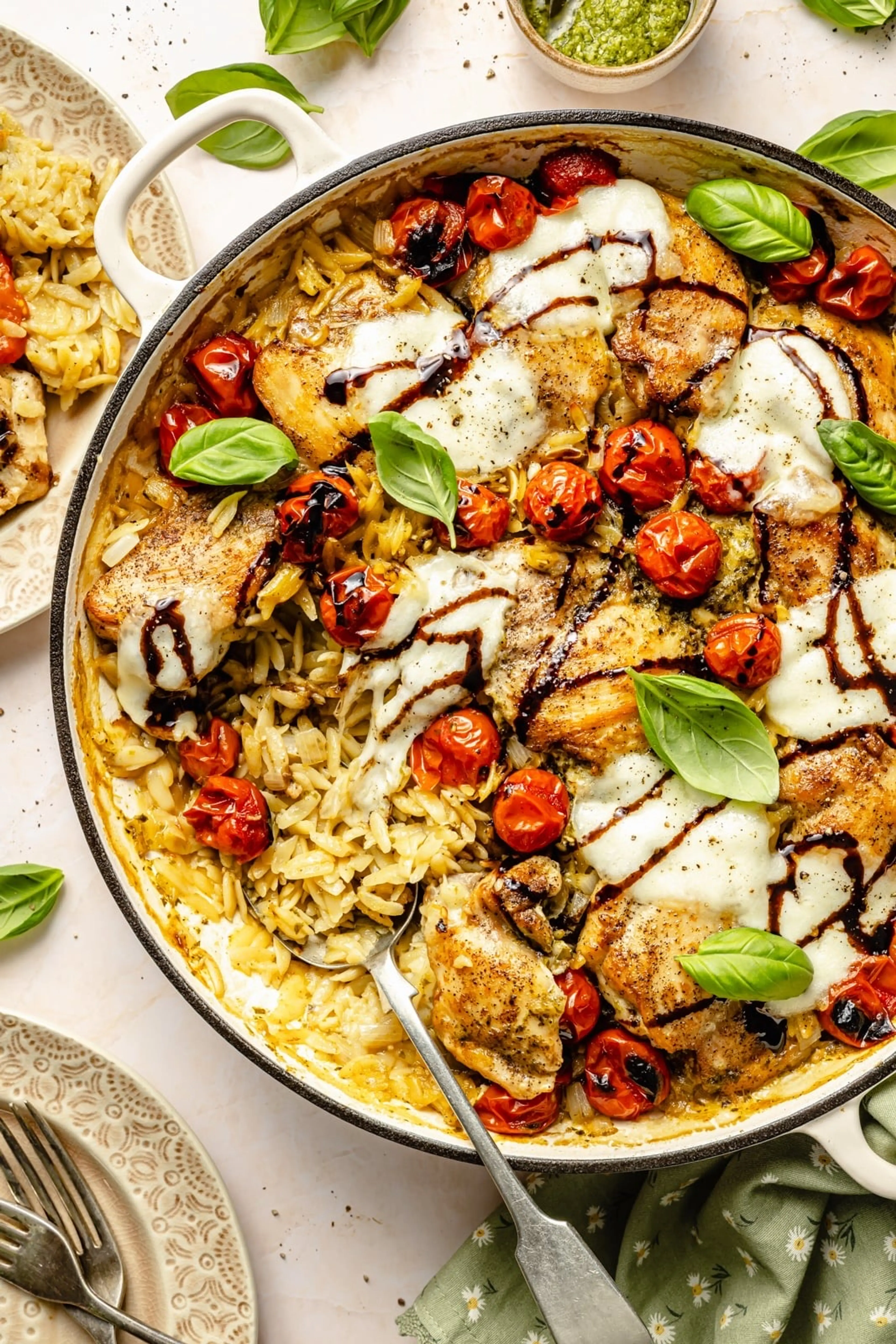 One Pan Chicken Caprese Baked Orzo