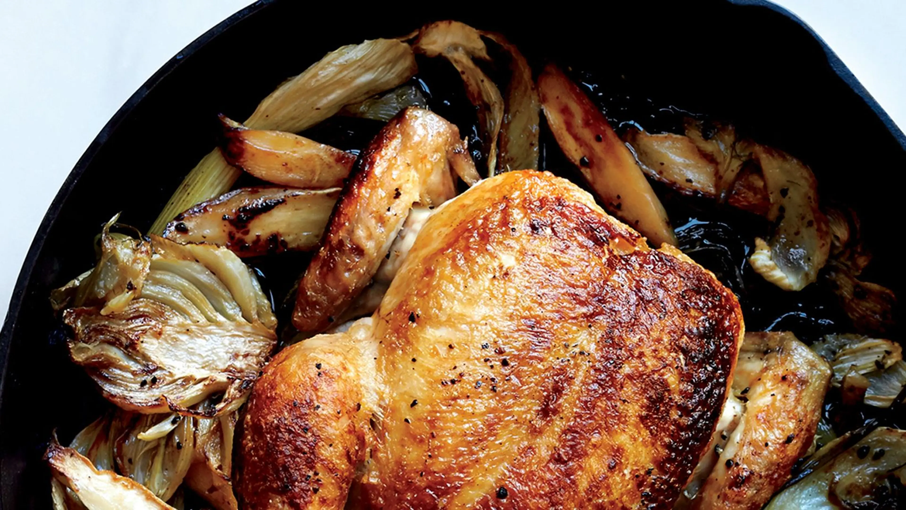 Skillet Roast Chicken With Fennel, Parsnips, and Scallions