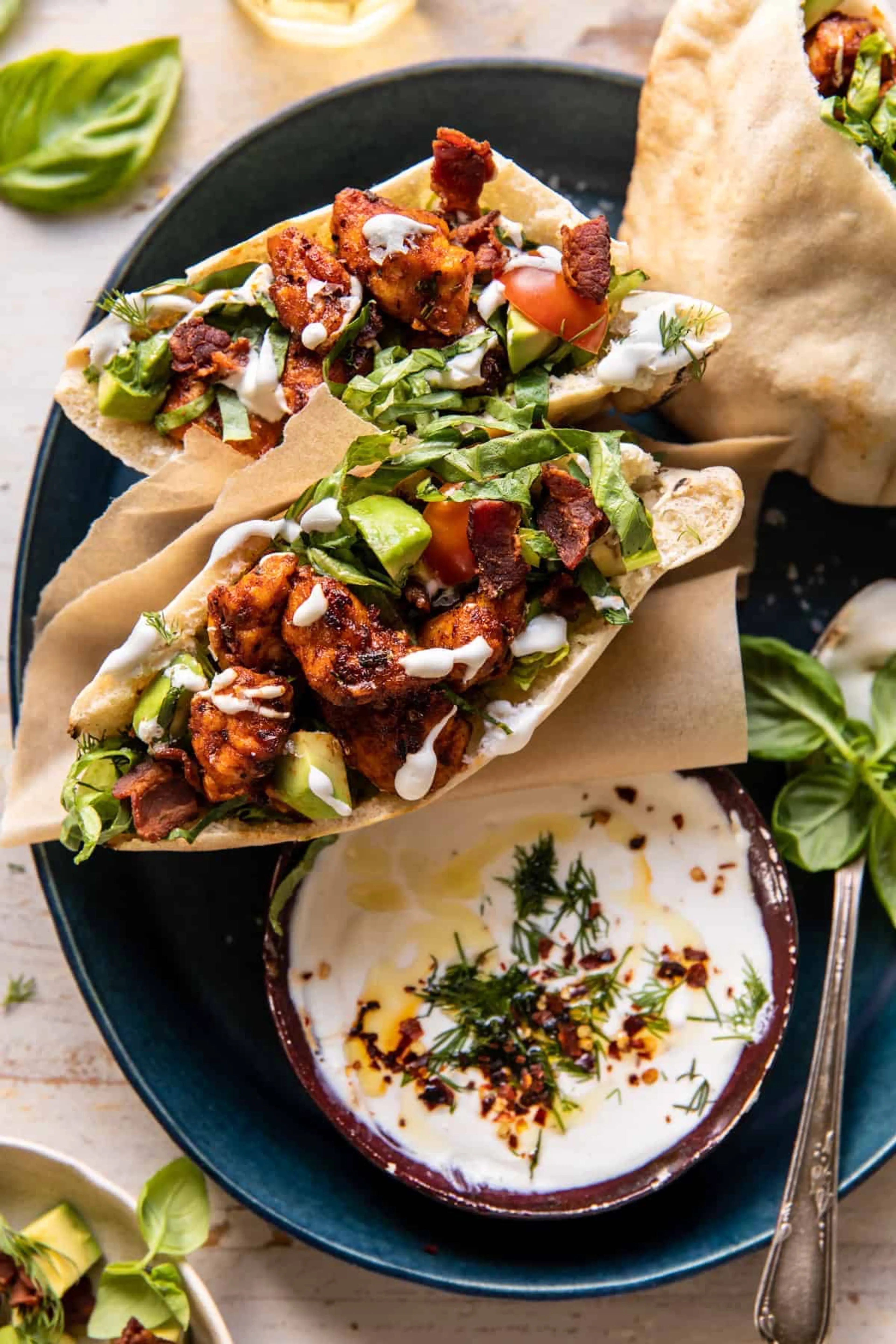 Rosemary Chicken and Avocado Bacon Pitas, Honey Feta Sauce