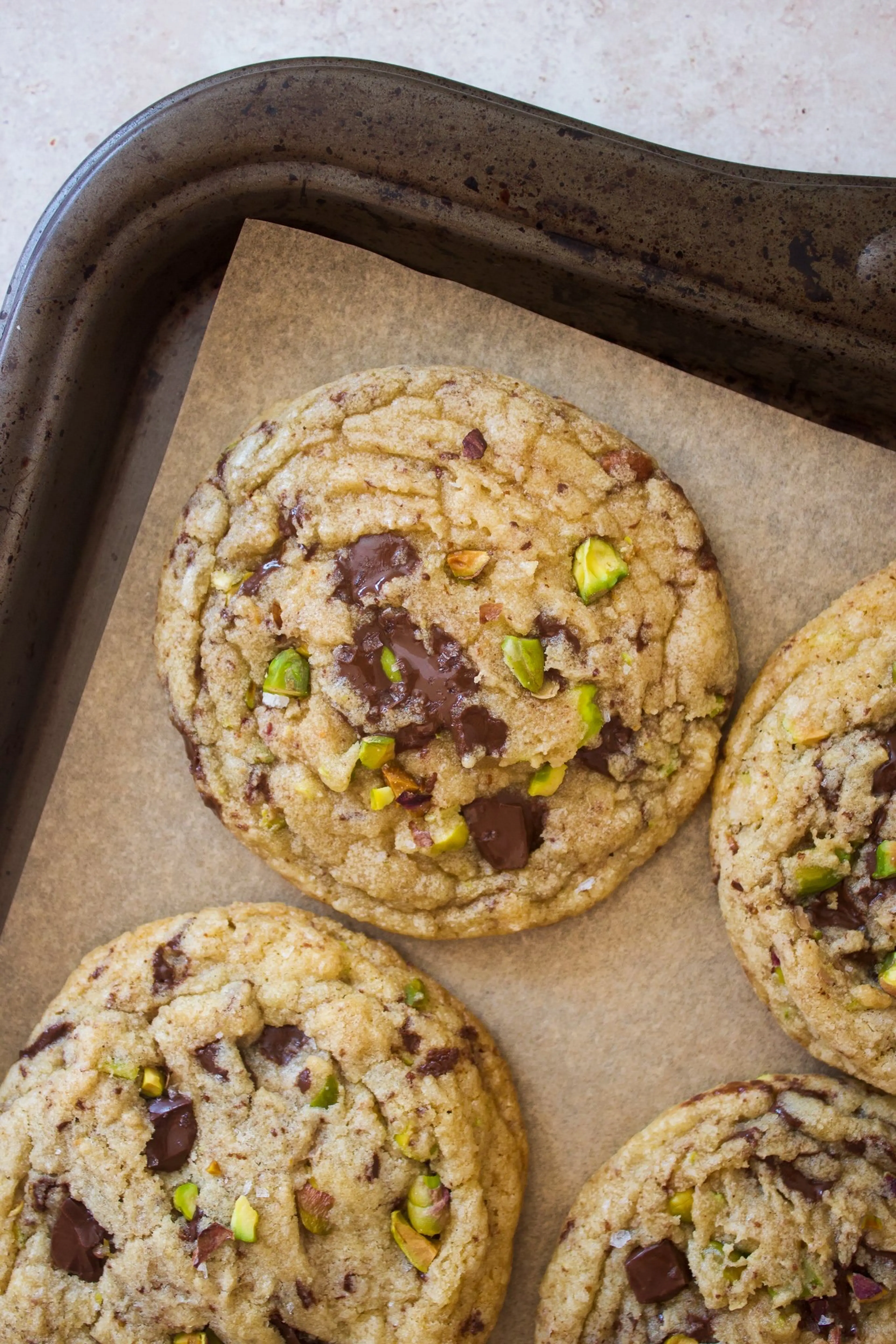 Salted Pistachio Dark Chocolate Chip Cookies