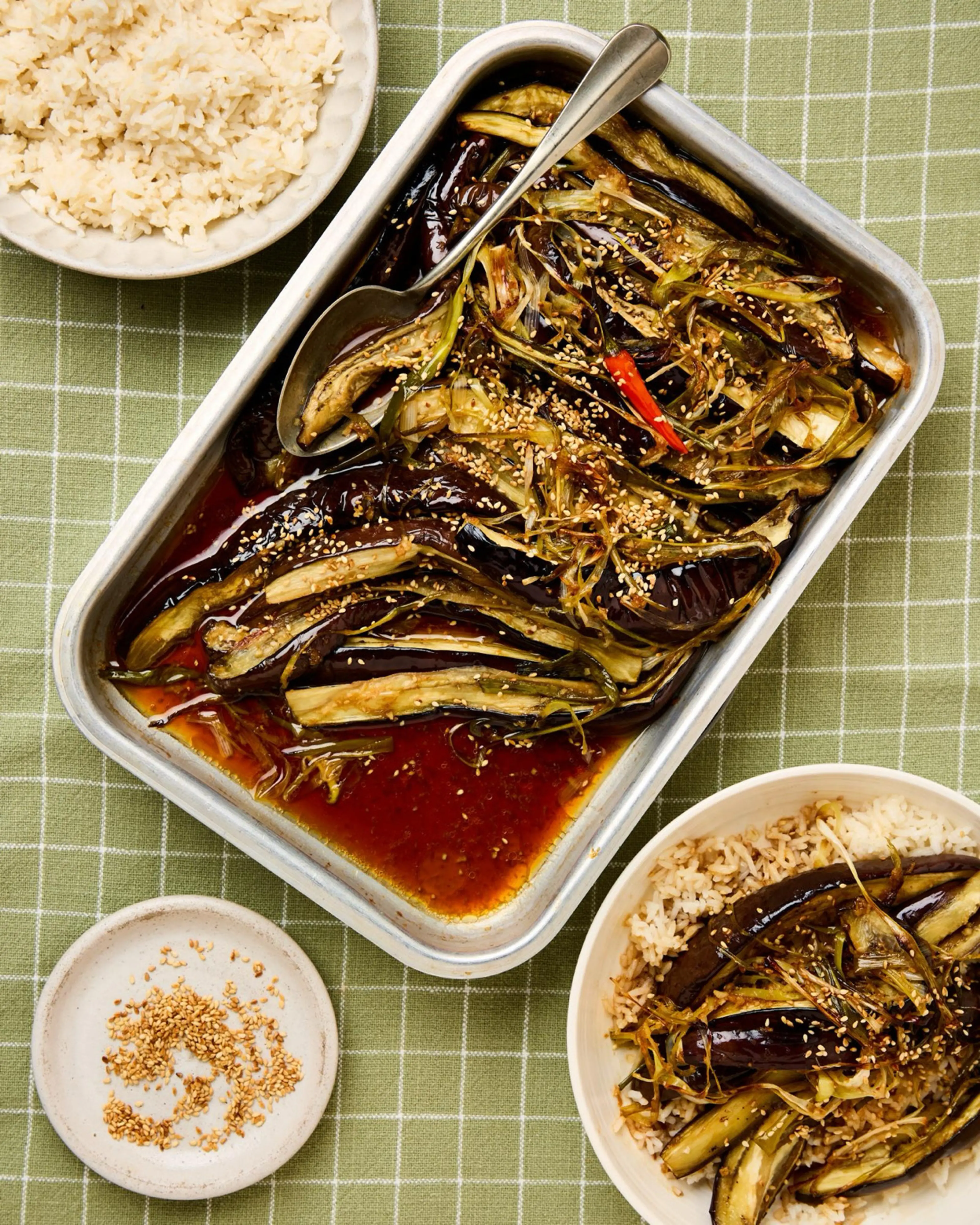 Soy sauce, sake and sesame oil-braised aubergines