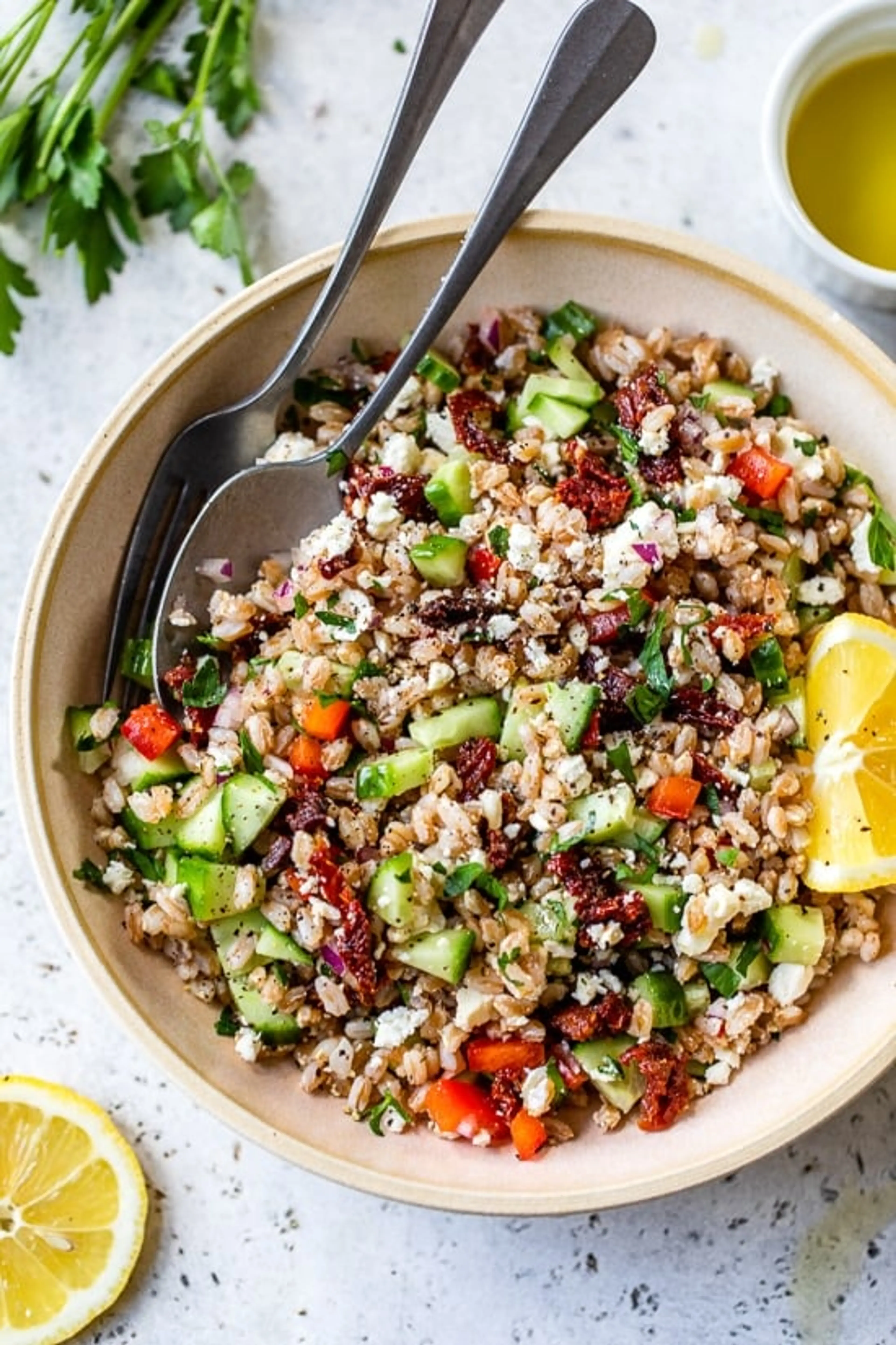 Farro Salad with Feta, Cucumbers and Sun-dried Tomatoes