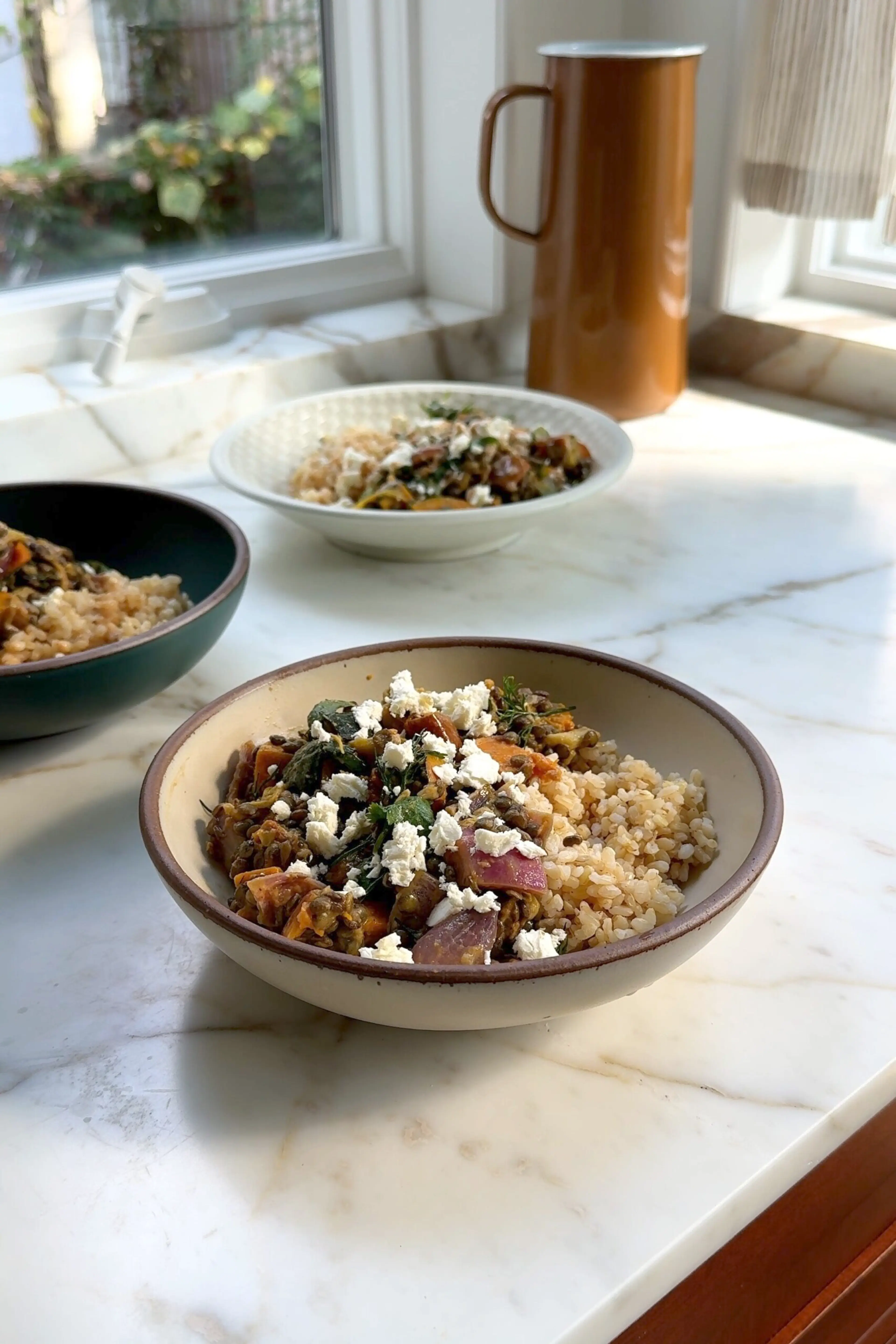 Creamy Leek and Squash Lentil Bowl with Cinnamon Tahini Dres