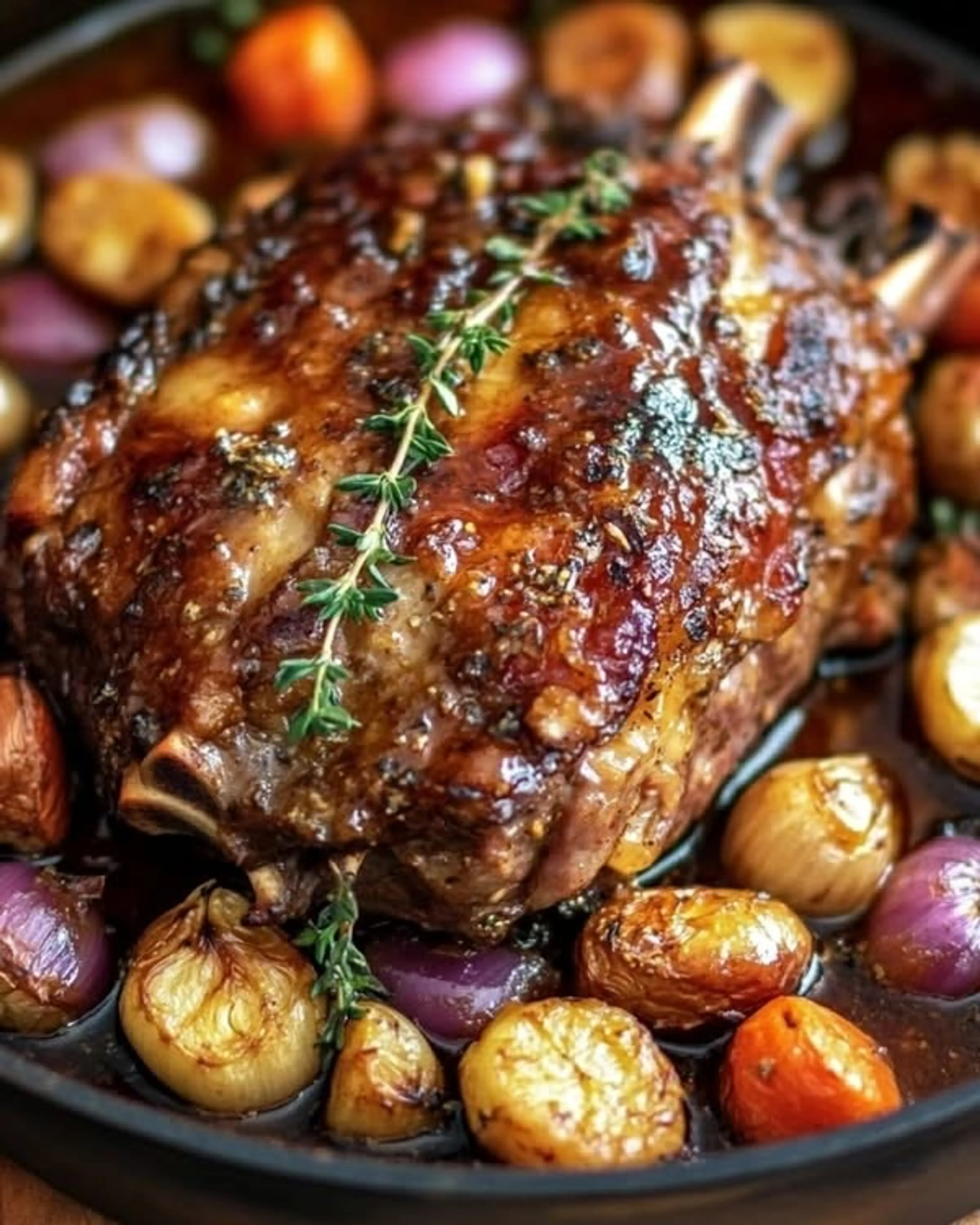 Glossy Honey‑dijon Roasted Lamb Shoulder with Caramelized Ve