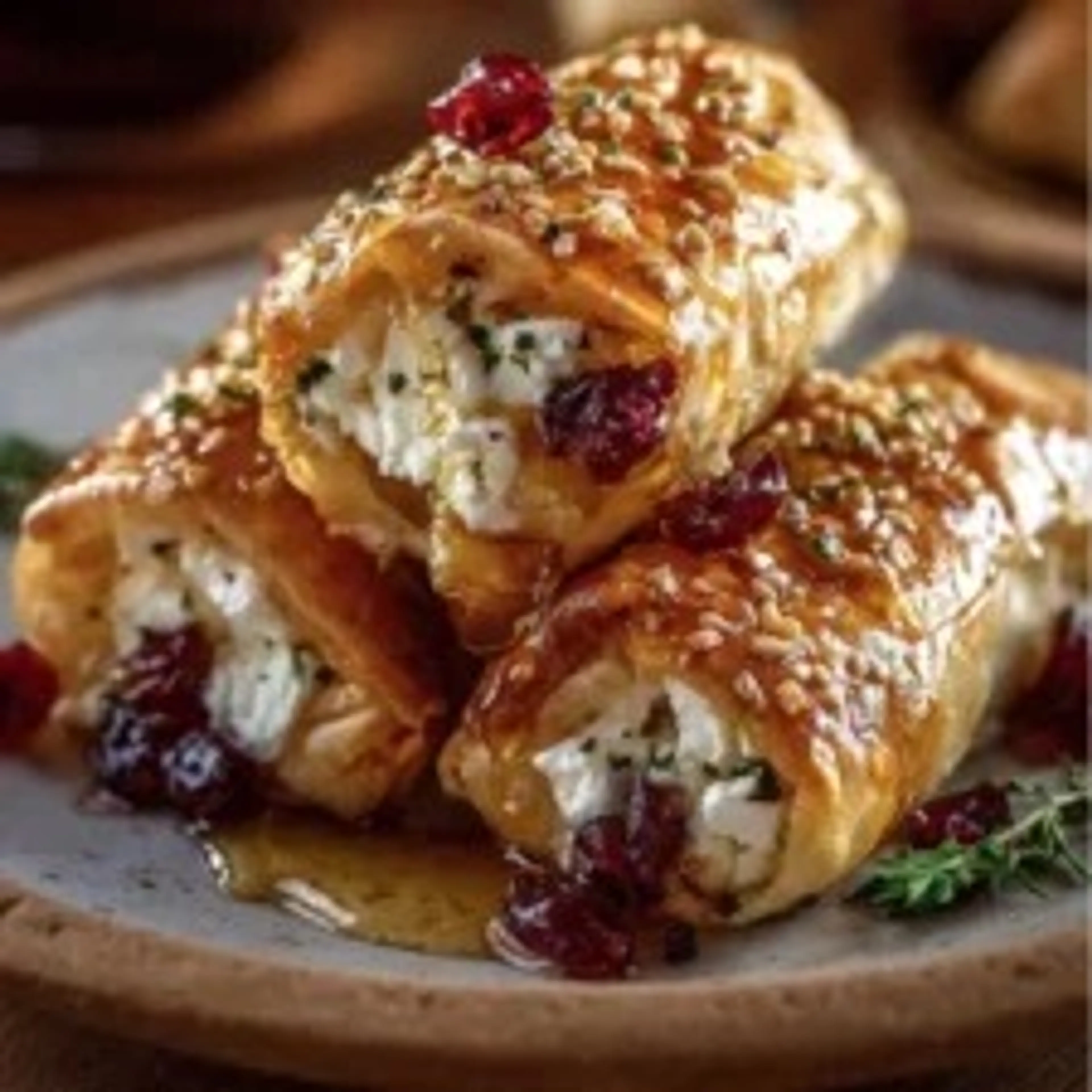 Golden Baked Feta Rolls with Sweet Cranberry Honey
