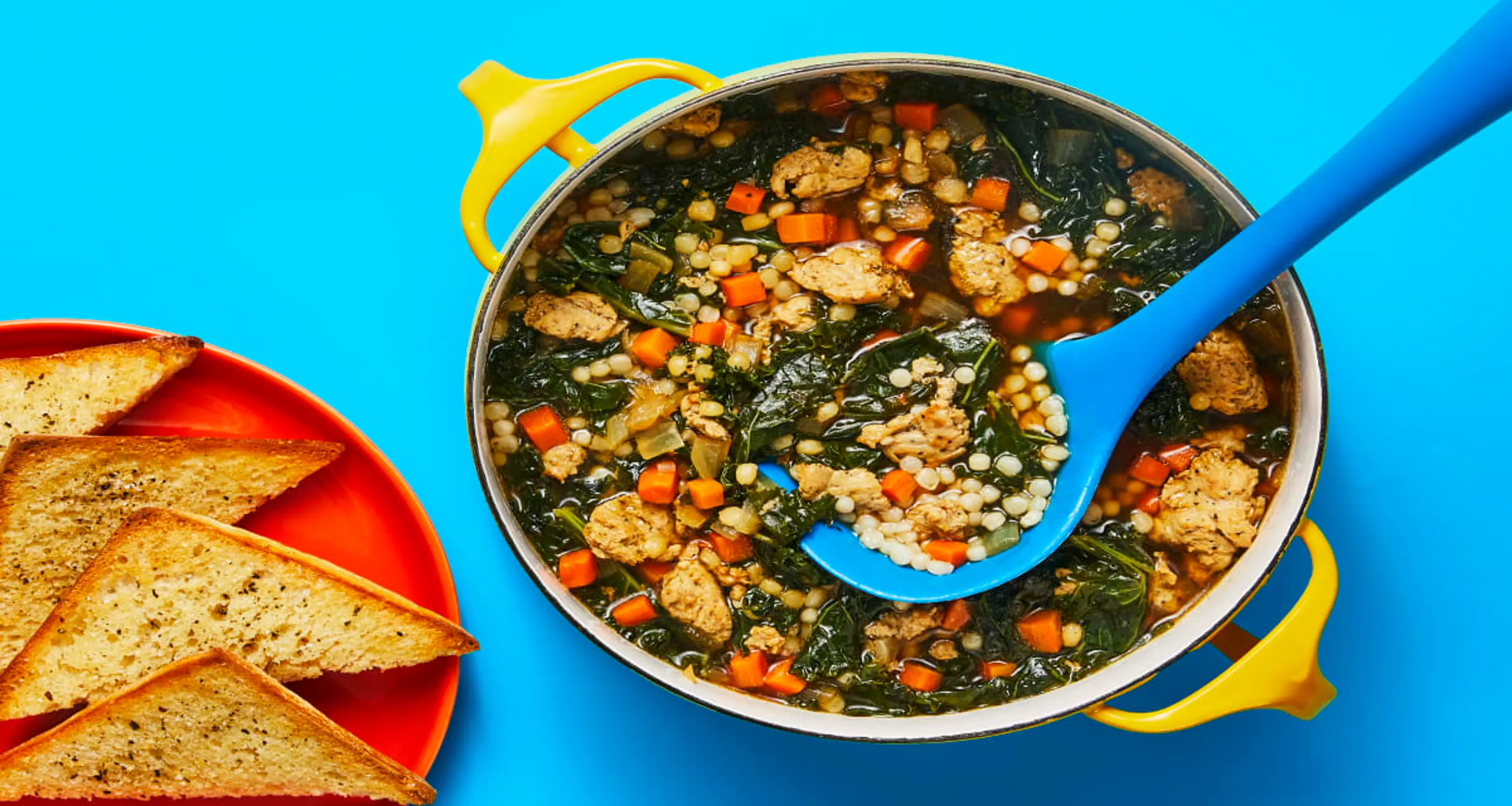 One-Pot Chicken Sausage & Kale Soup with Couscous & Garlic C