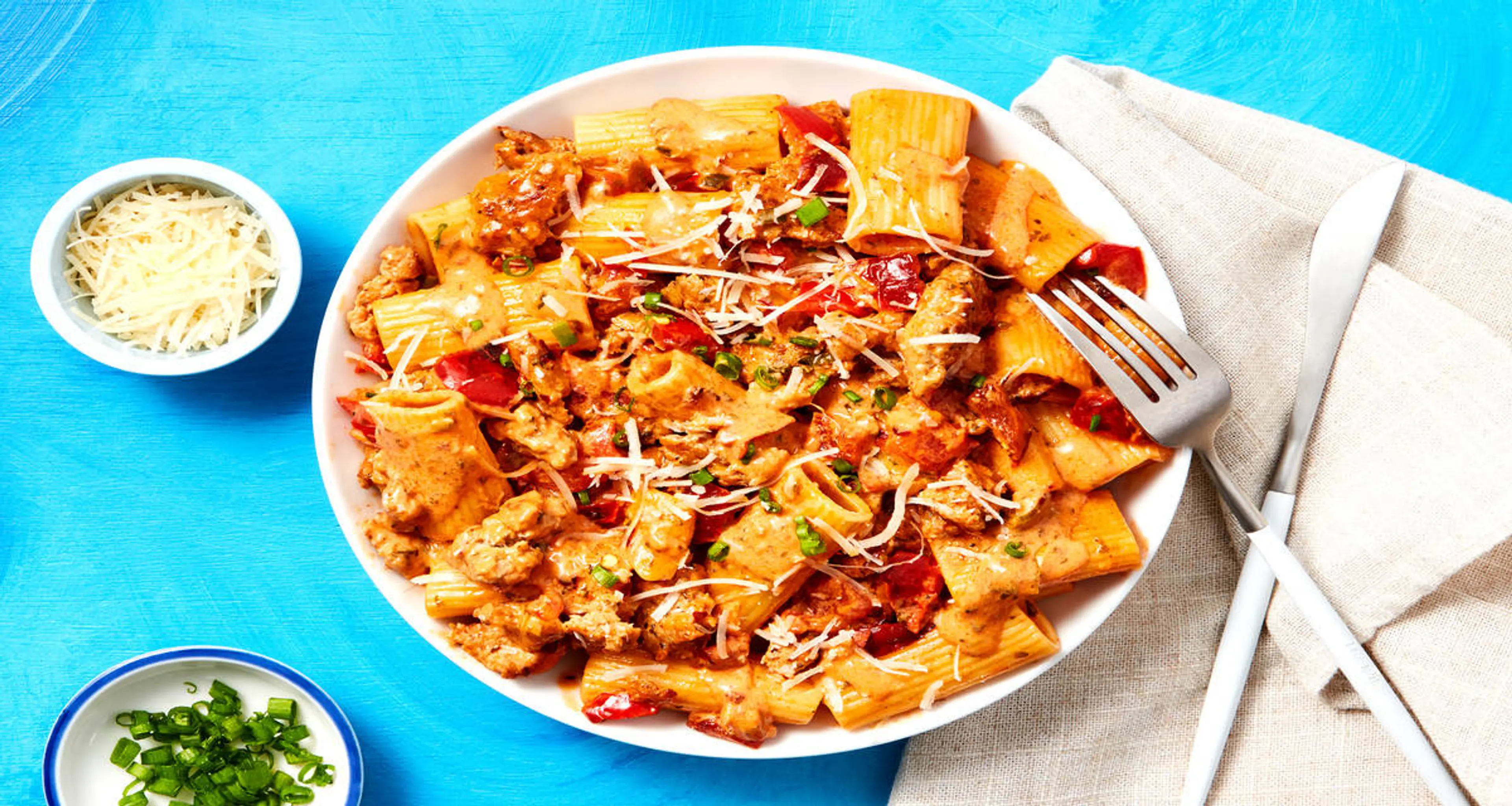 Chicken Sausage Rigatoni in a Creamy Pink Sauce with Bell Pe