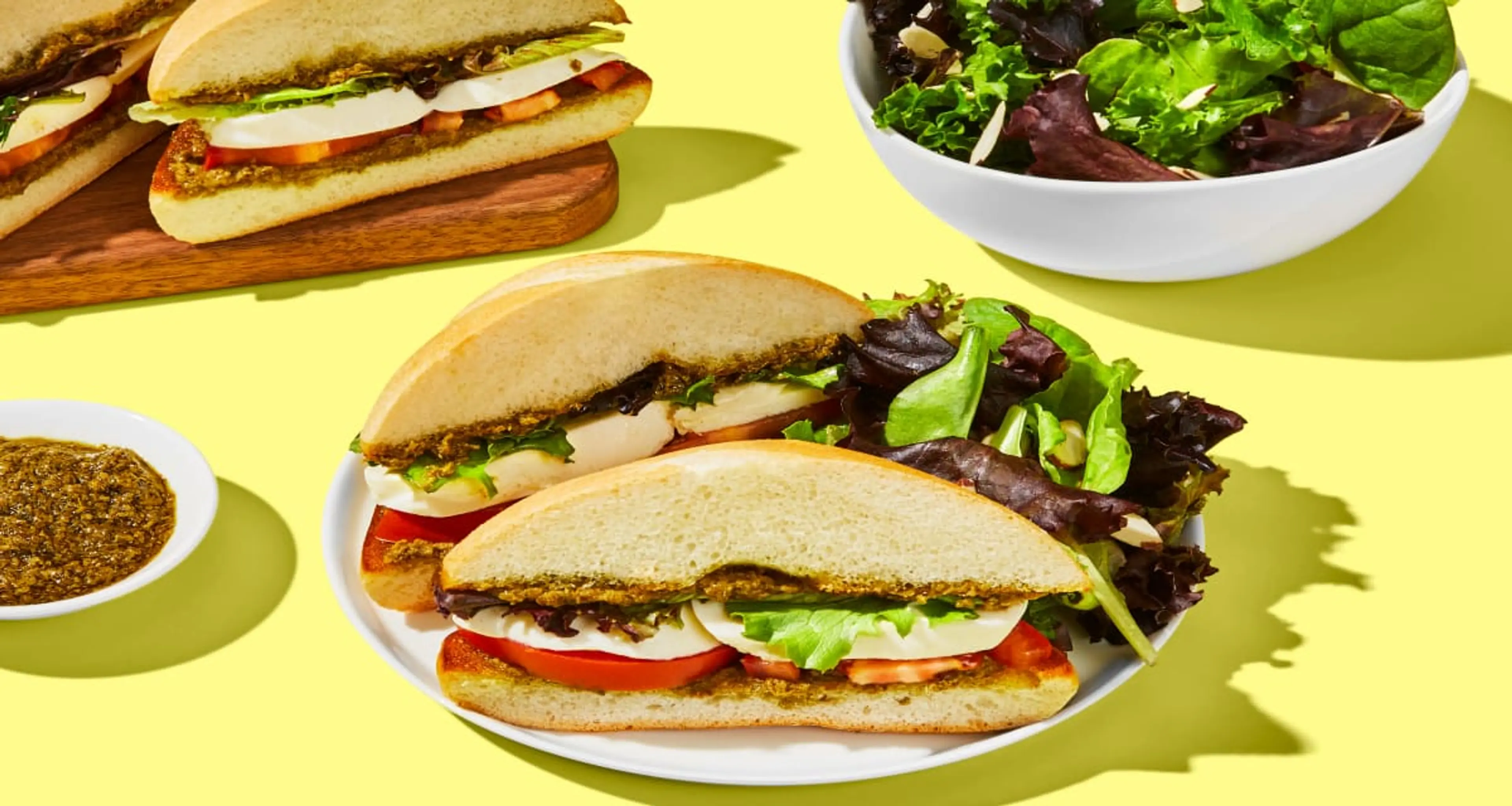 Pesto Caprese Sandwiches with an Almond-Studded Green Salad