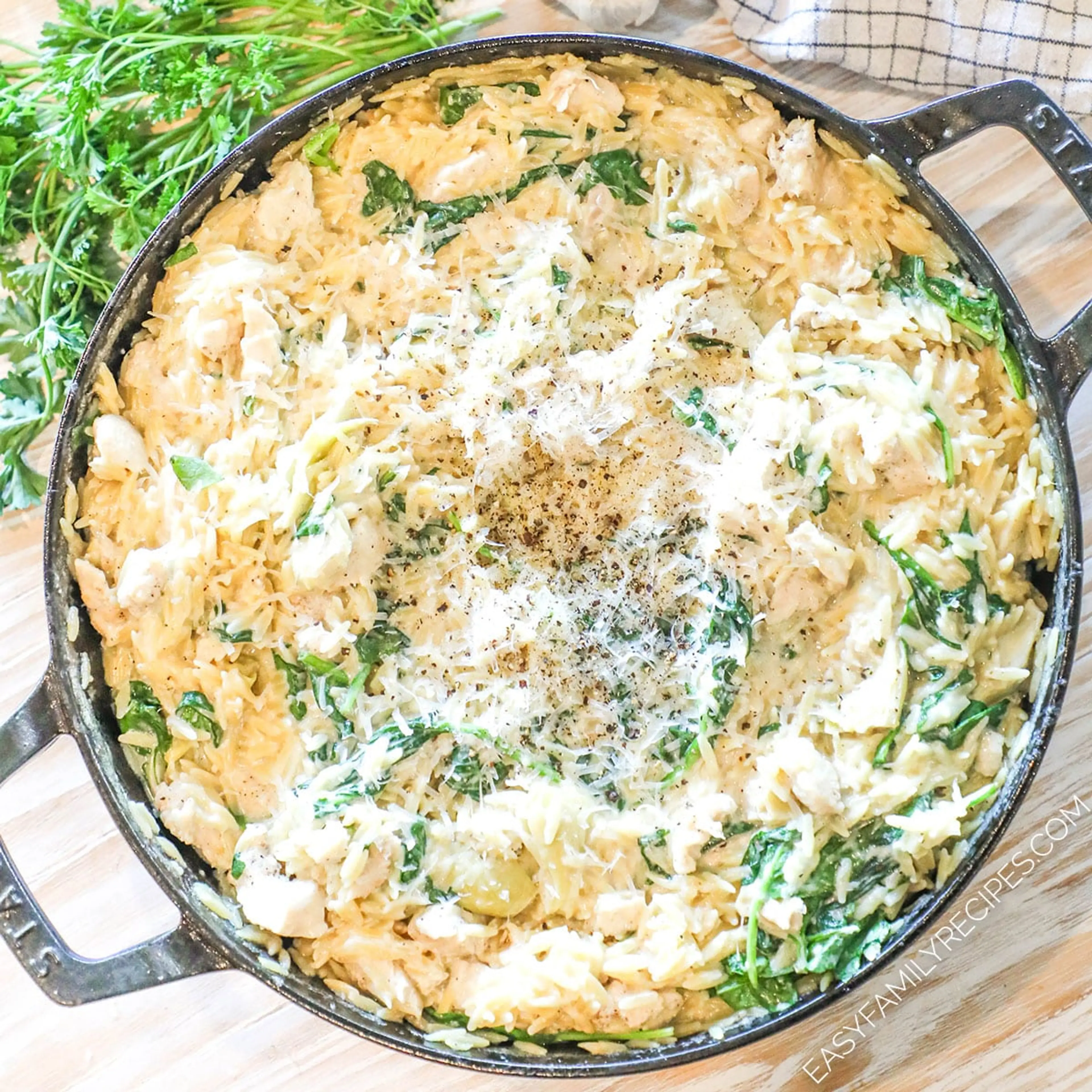 One Pot Spinach Artichoke Orzo with Chicken