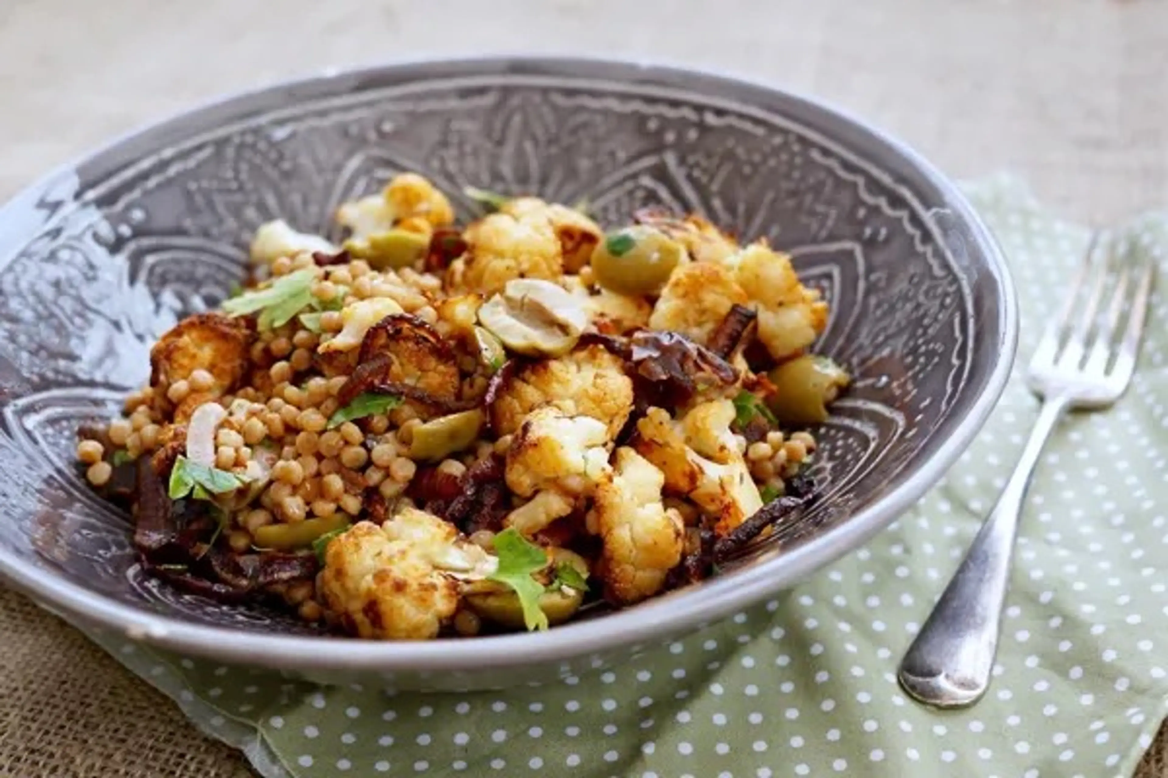 Fregola Salad with Cauliflower, Dates & Olives