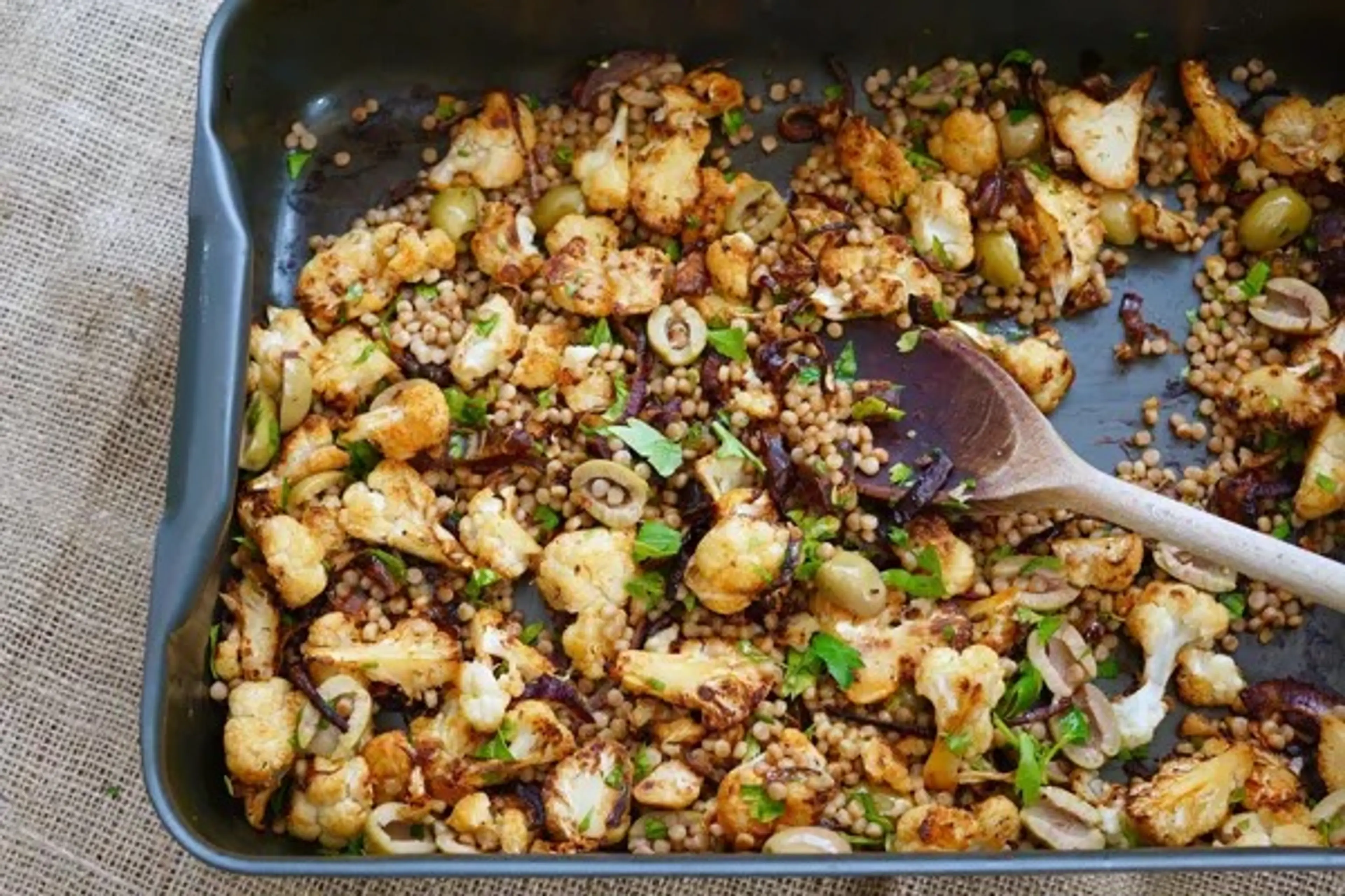 Fregola Salad with Cauliflower, Dates & Olives