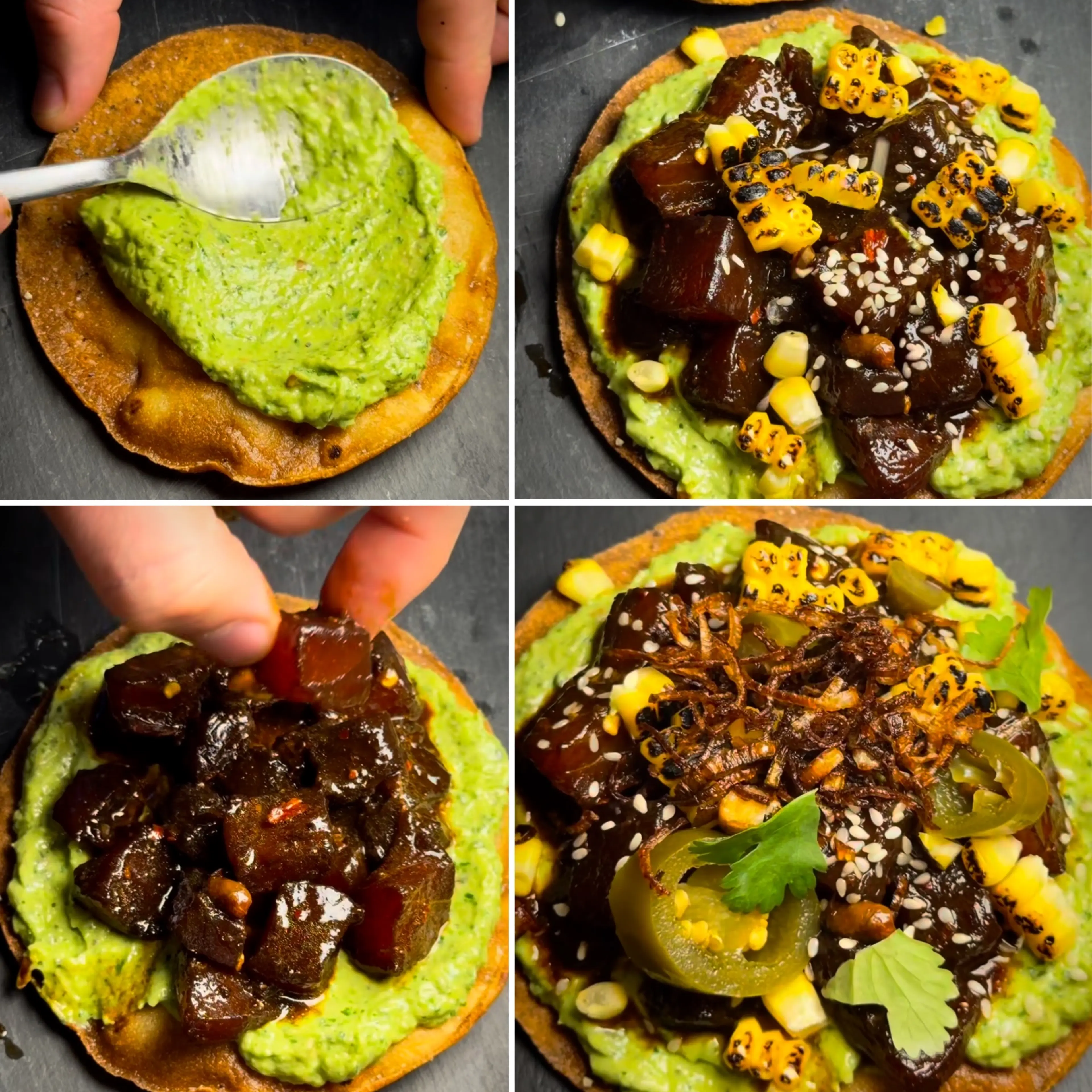 Tuna Tostadas Avocado Coriander Crema Charred Corn Crispy Sh