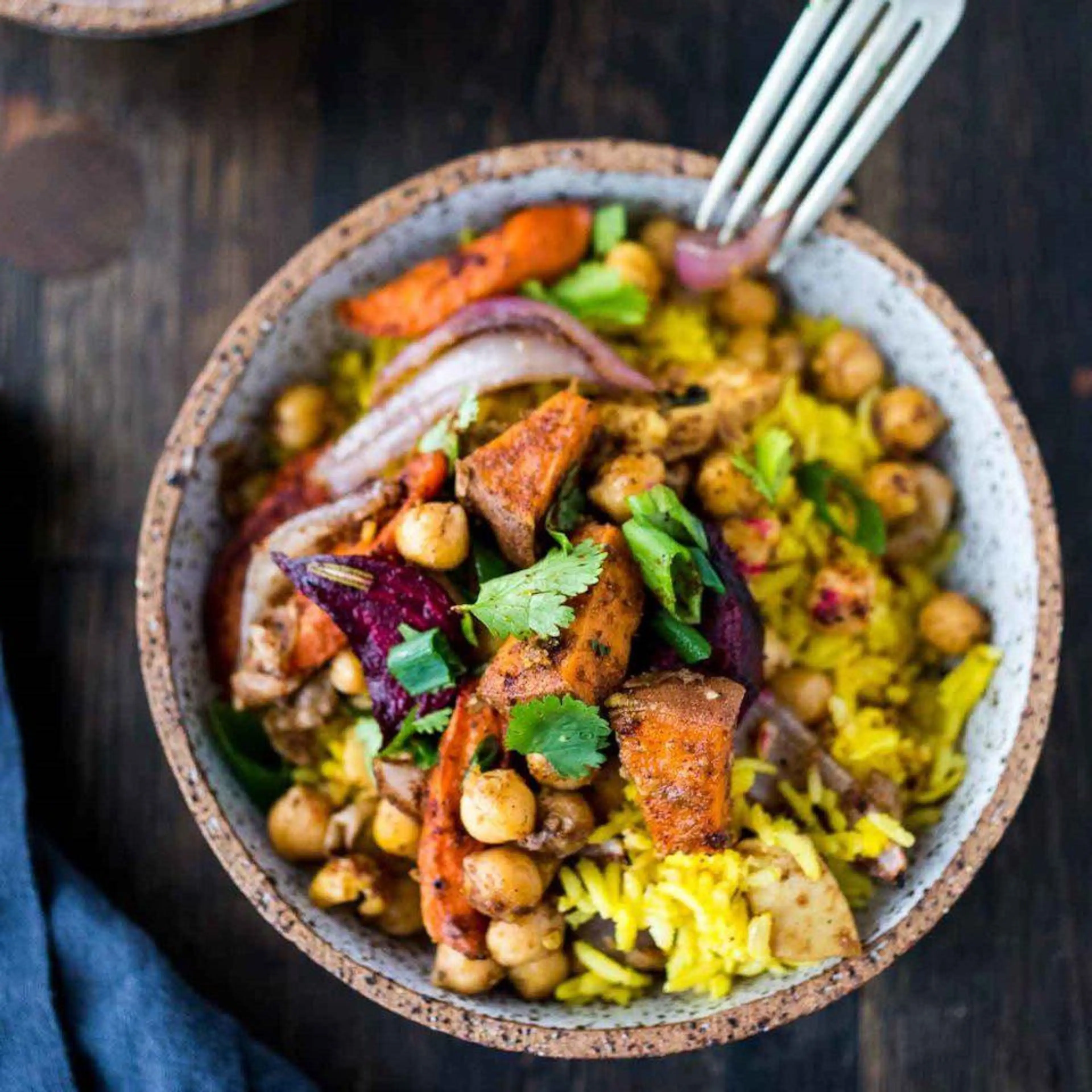 Turmeric Rice Bowl with Garam Masala Root Vegetables & Chick