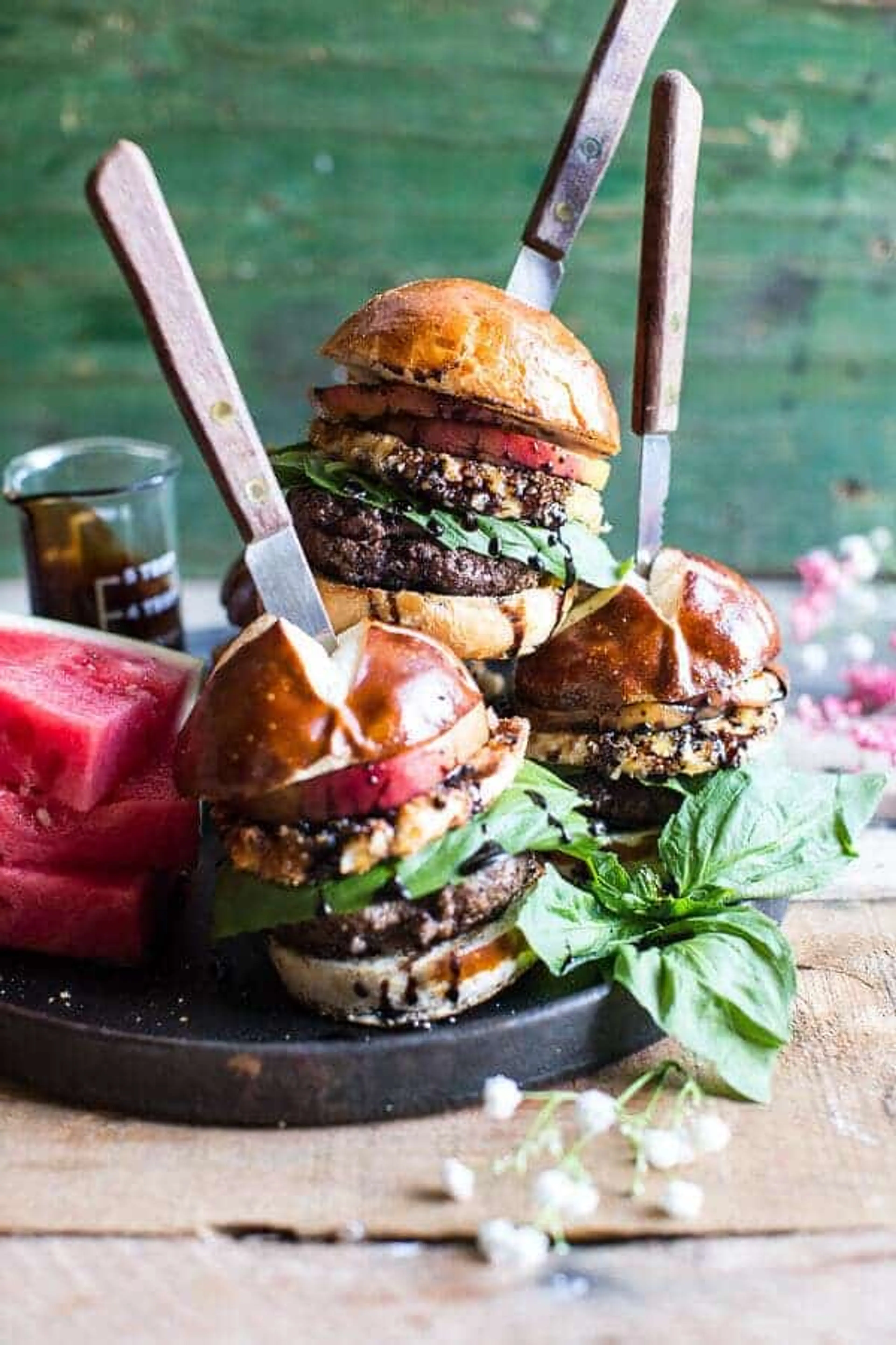 Fried Mozzarella and Caramelized Peach Caprese Burger with B