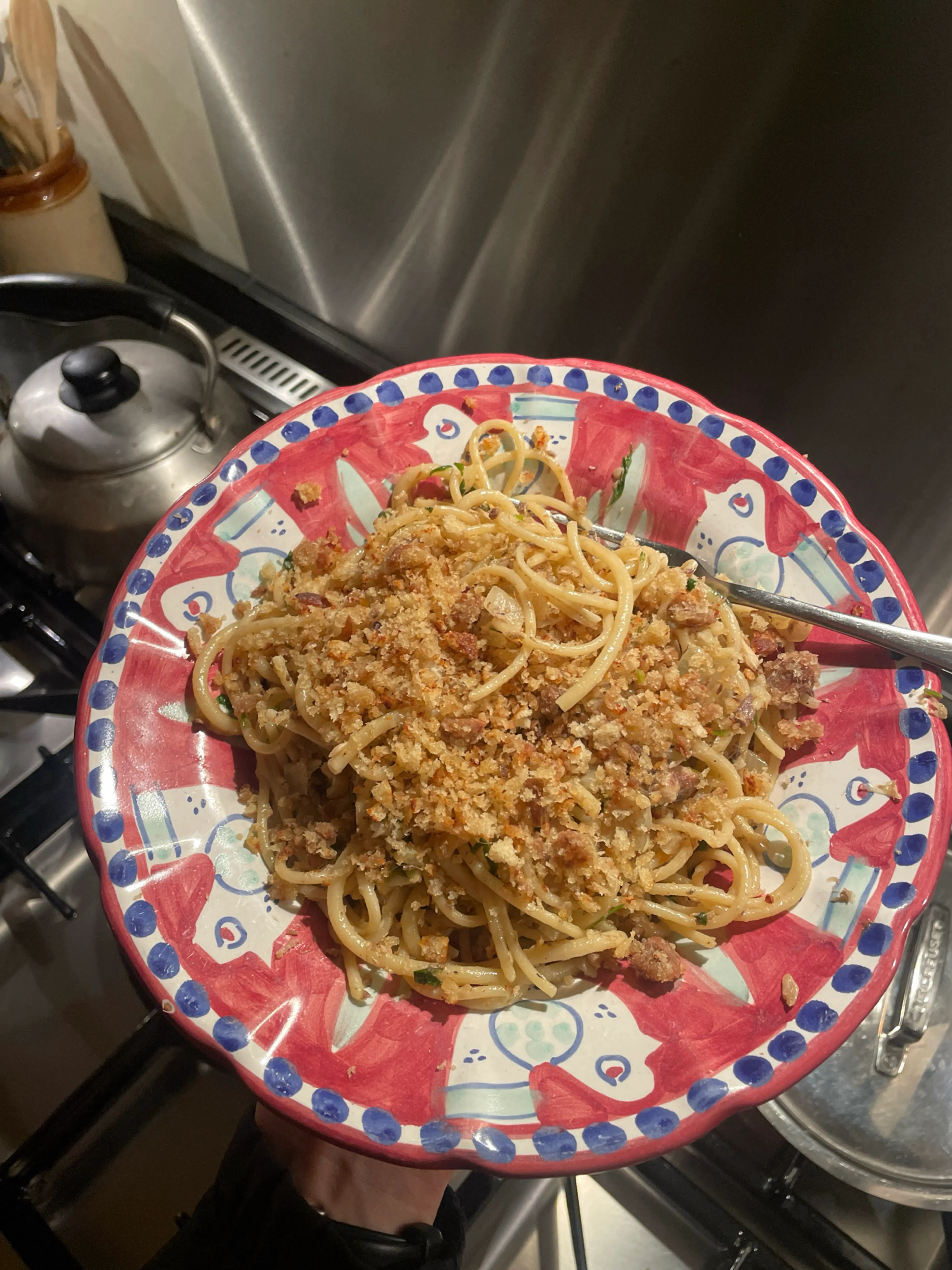 Fusilli with tinned sardines, fennel, lemon and anchovy crum